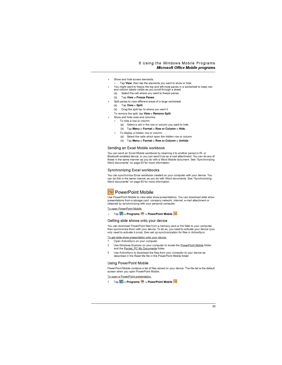 Motorola MC35 manual Sending an Excel Mobile workbook, Synchronizing Excel workbooks, Using PowerPoint Mobile 