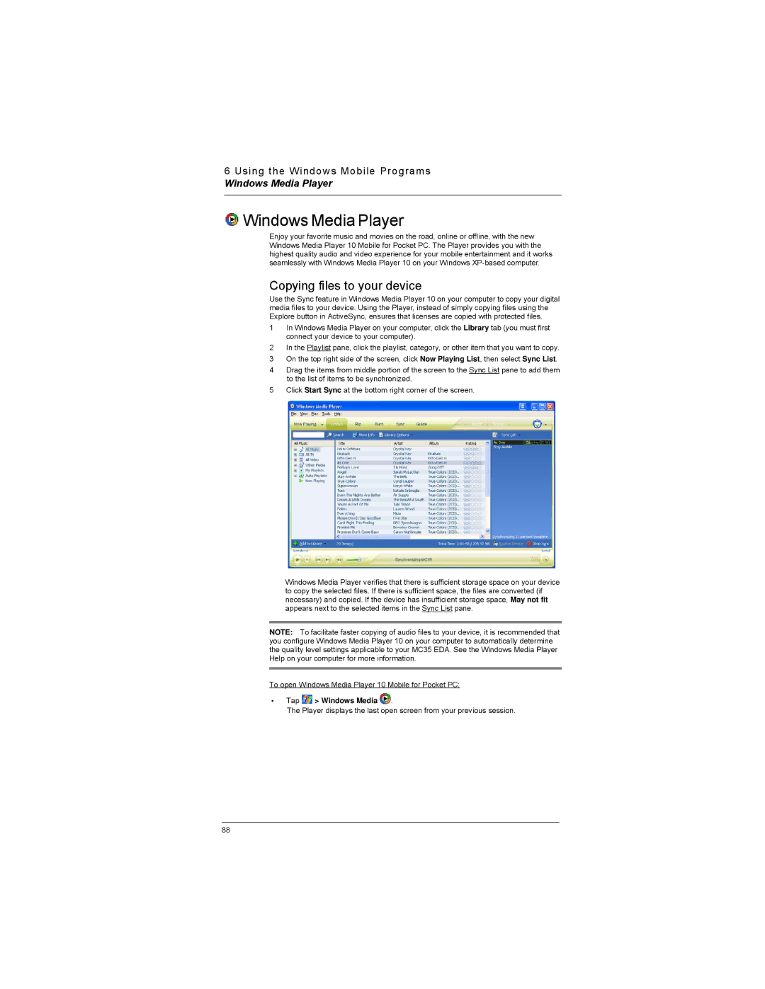 Motorola MC35 manual Windows Media Player, Copying files to your device, Tap Windows Media 
