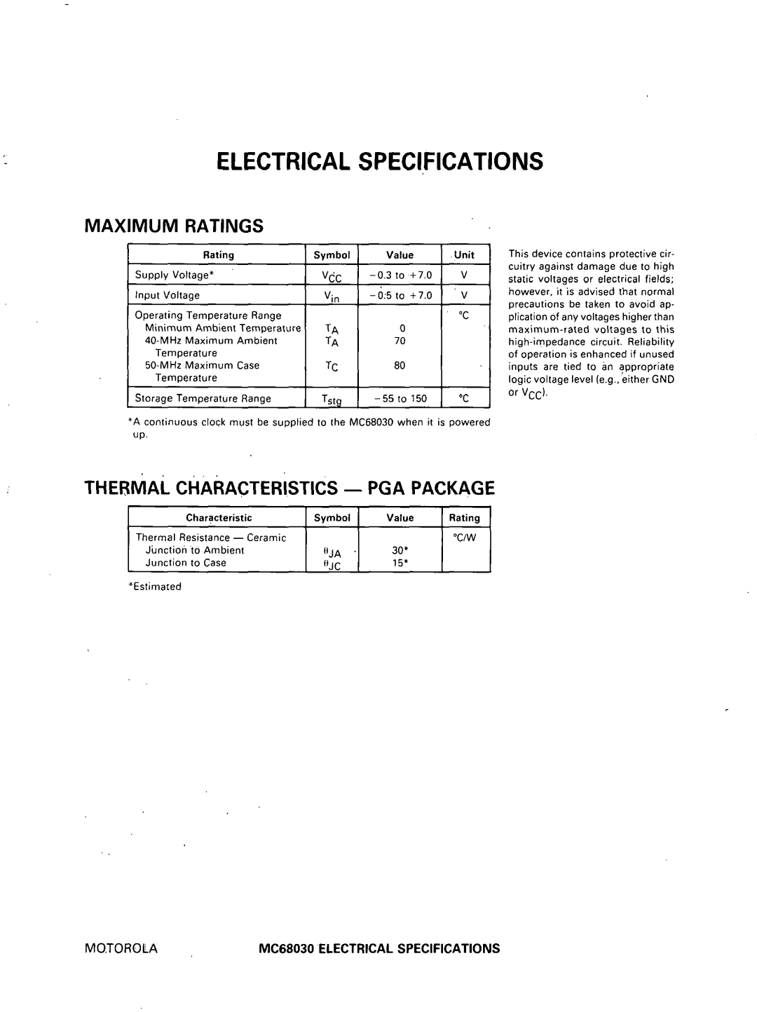 Motorola MC68030 Electrical Specifications, Maximum Ratings, Thermal Characteristics- Pga Package, Value, Unit 