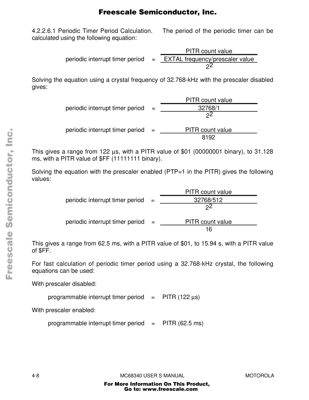 Motorola MC68340 manual Periodic interrupt timer period Pitr count value 