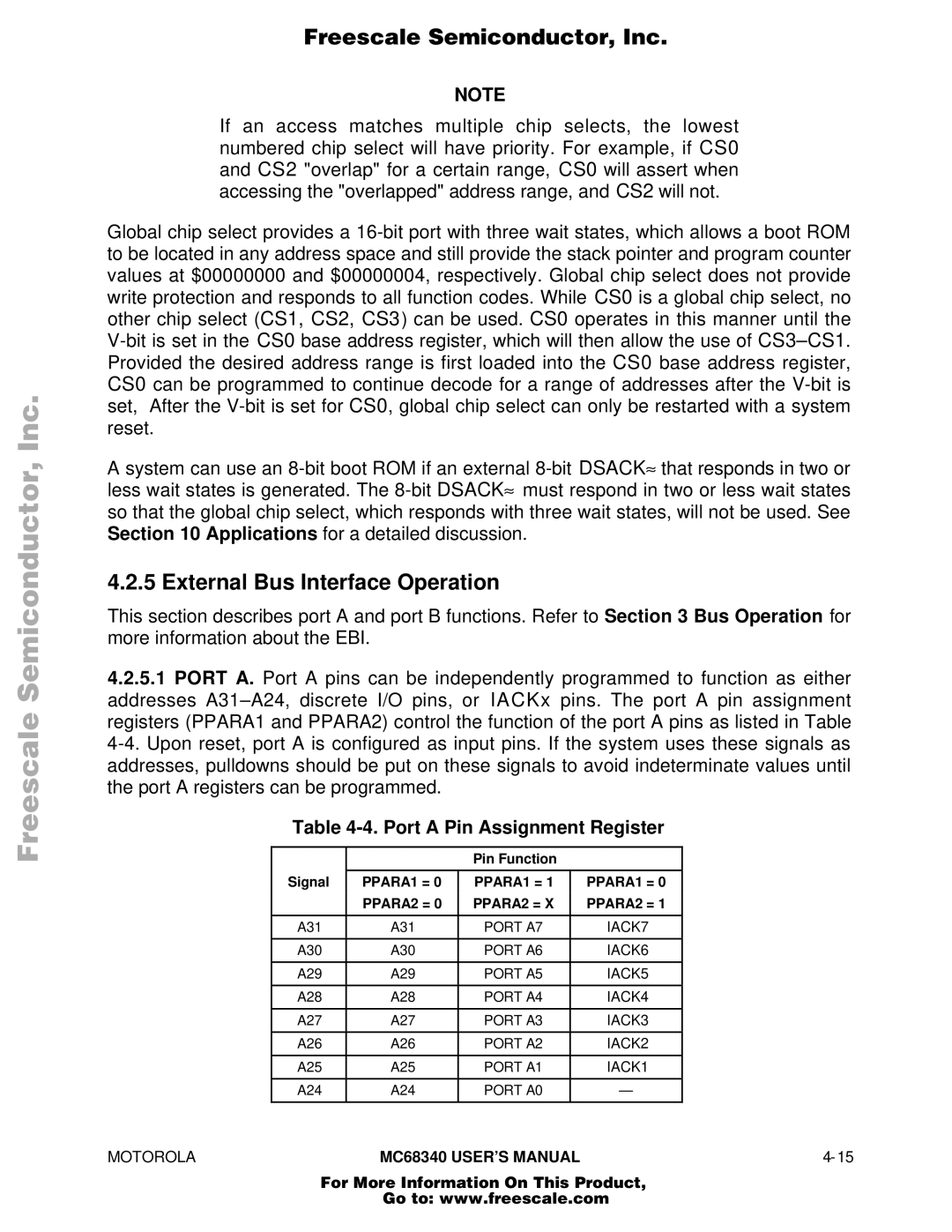 Motorola MC68340 External Bus Interface Operation, Port a Pin Assignment Register, Pin Function Signal PPARA1 = PPARA2 = 