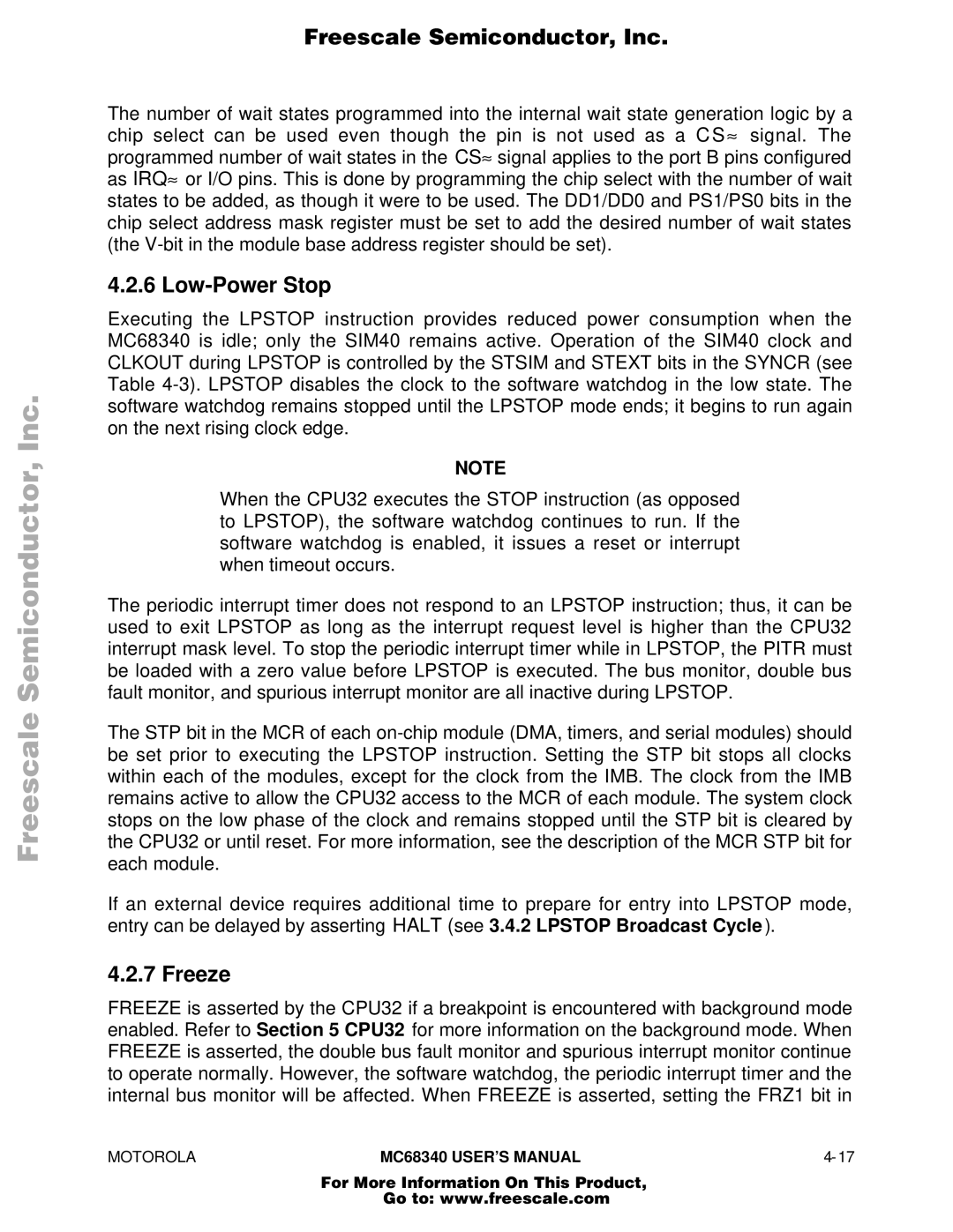 Motorola MC68340 manual Low-Power Stop, Freeze 