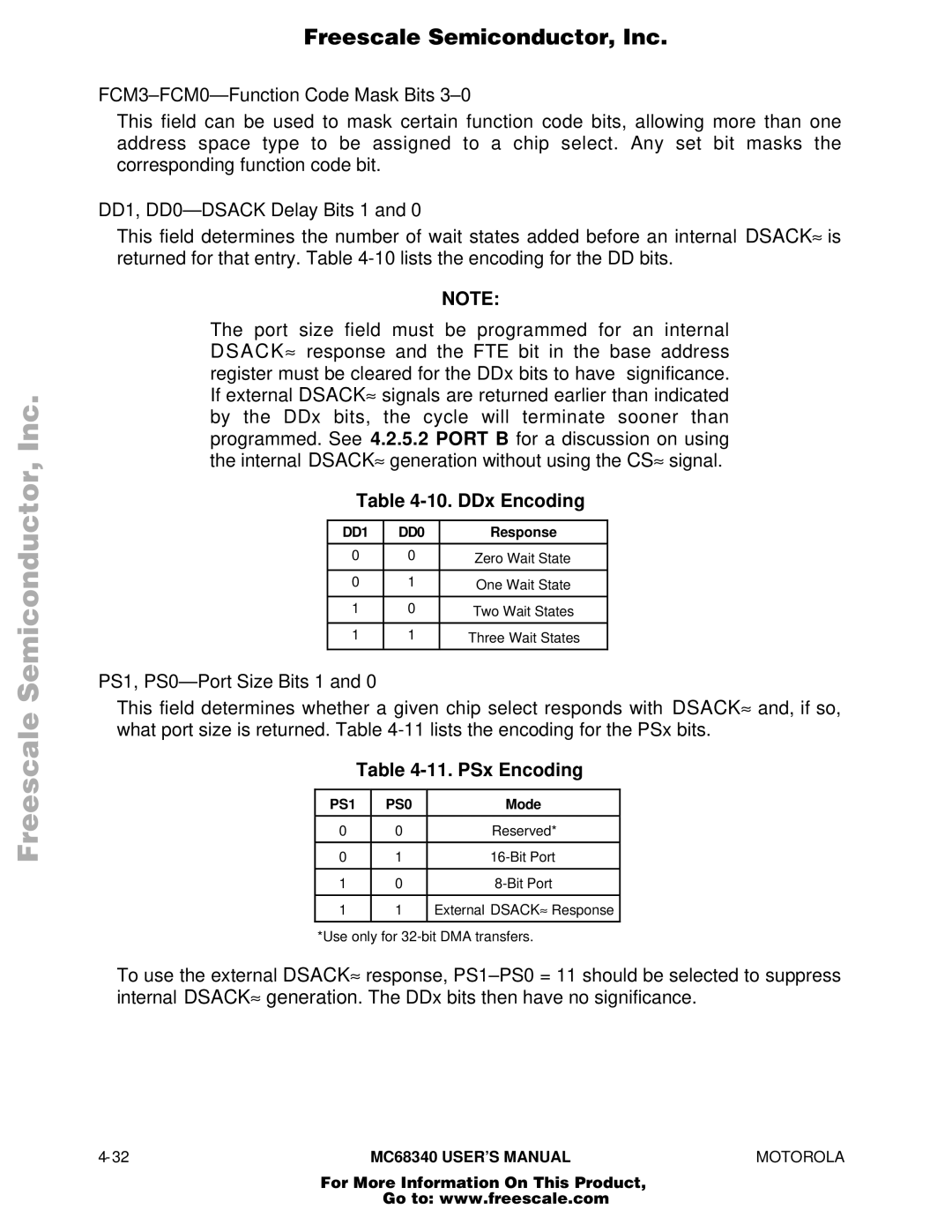 Motorola MC68340 manual DDx Encoding, PSx Encoding, Response, Mode 