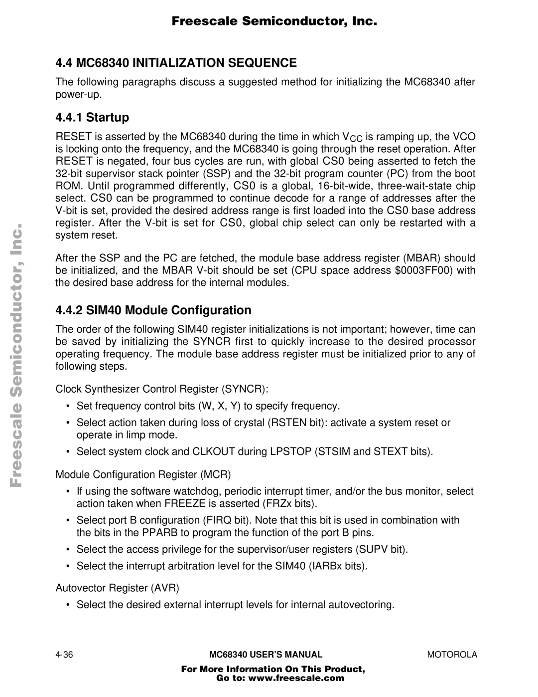 Motorola manual MC68340 Initialization Sequence, Startup, 2 SIM40 Module Configuration 