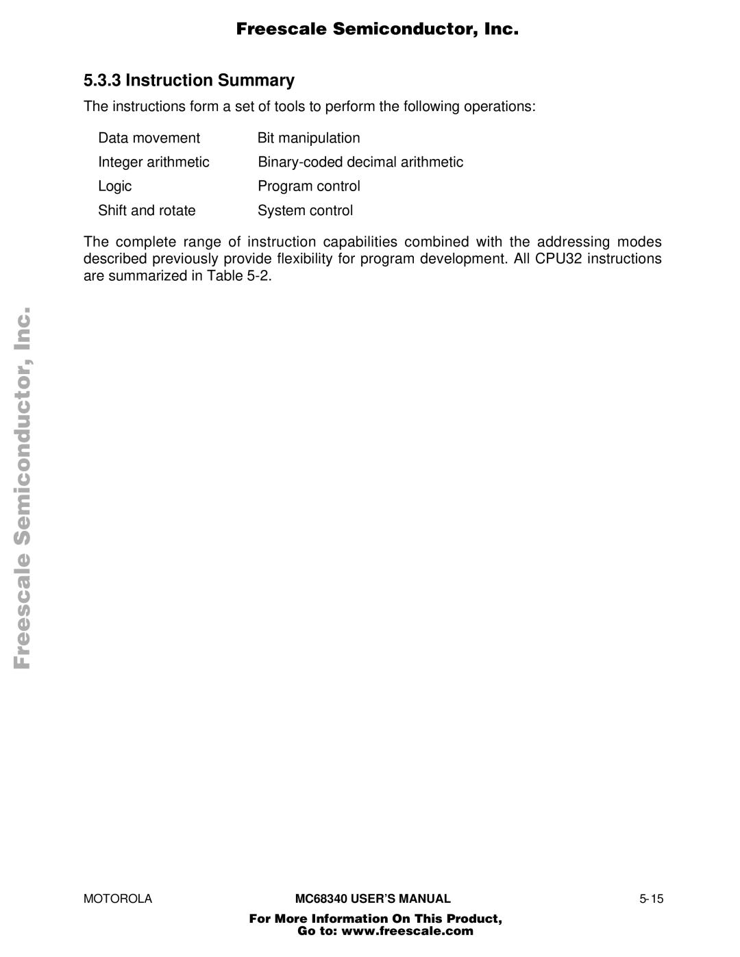 Motorola MC68340 manual Freescale Semiconductor, Inc Instruction Summary 