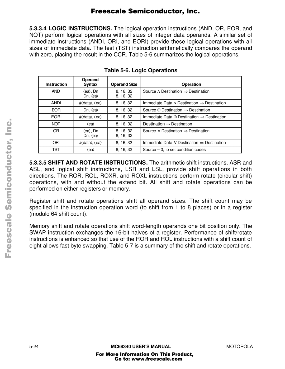 Motorola MC68340 manual Logic Operations 