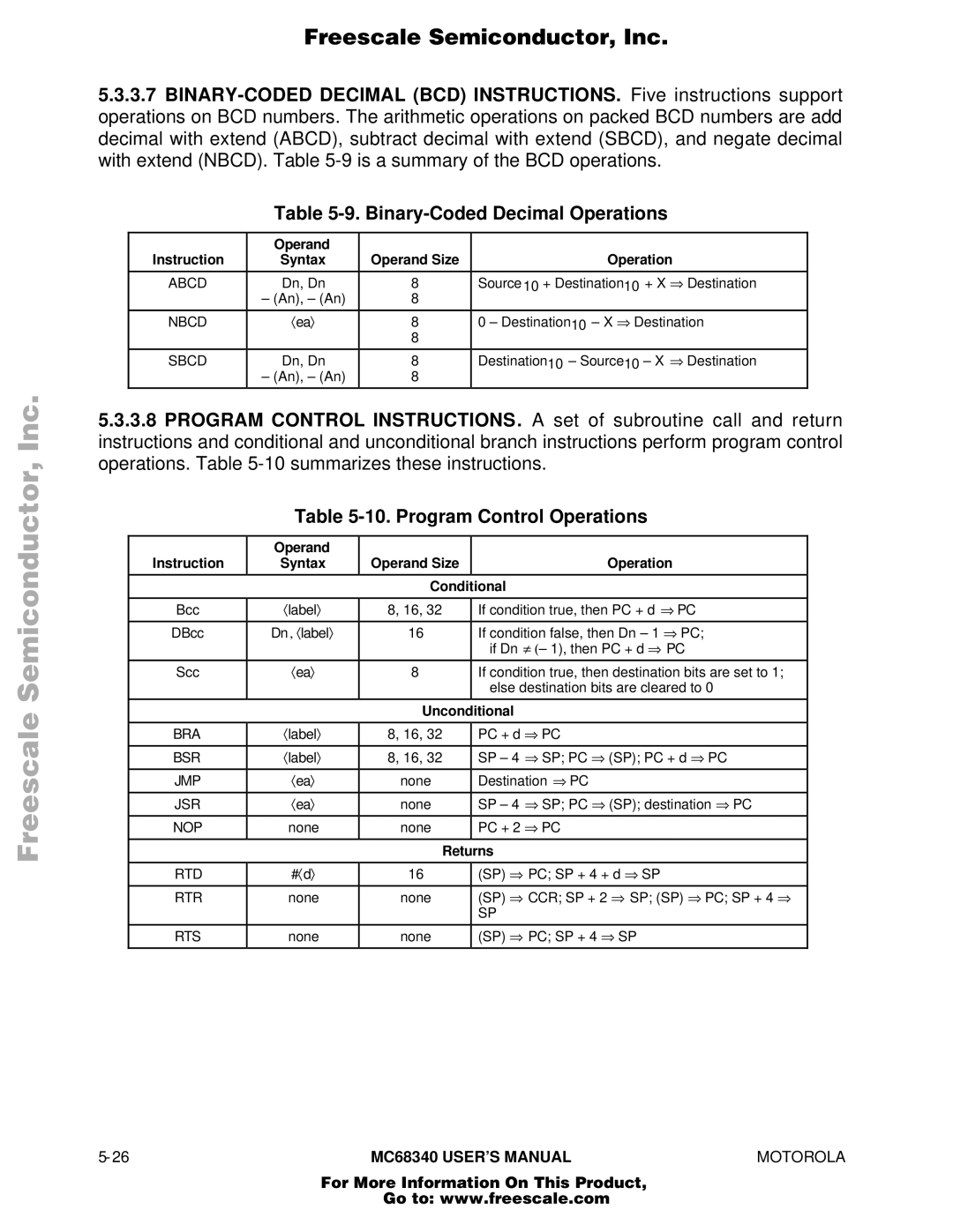 Motorola MC68340 manual Binary-Coded Decimal Operations, Program Control Operations, Conditional, Unconditional, Returns 