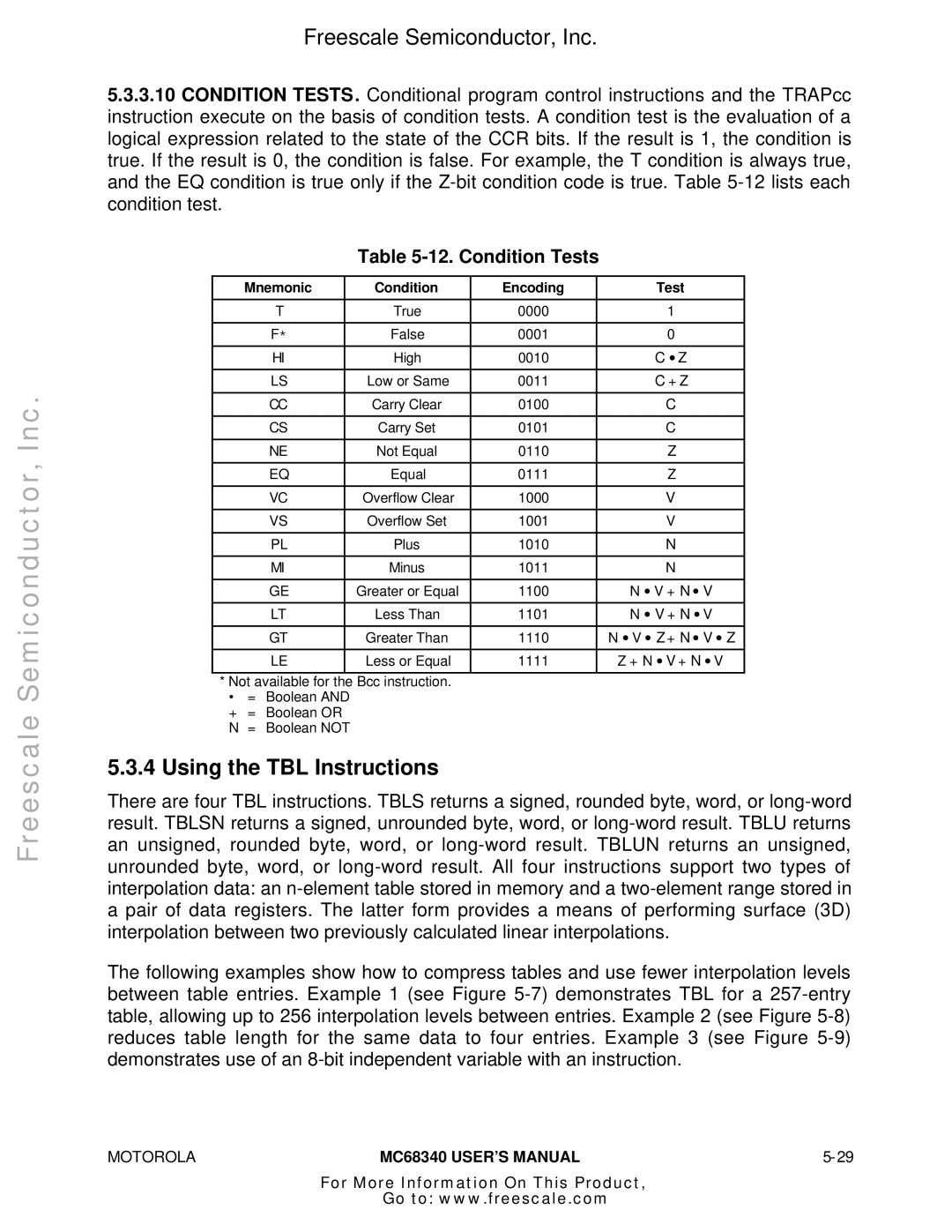 Motorola MC68340 manual Using the TBL Instructions, Condition Tests, Mnemonic Condition Encoding 