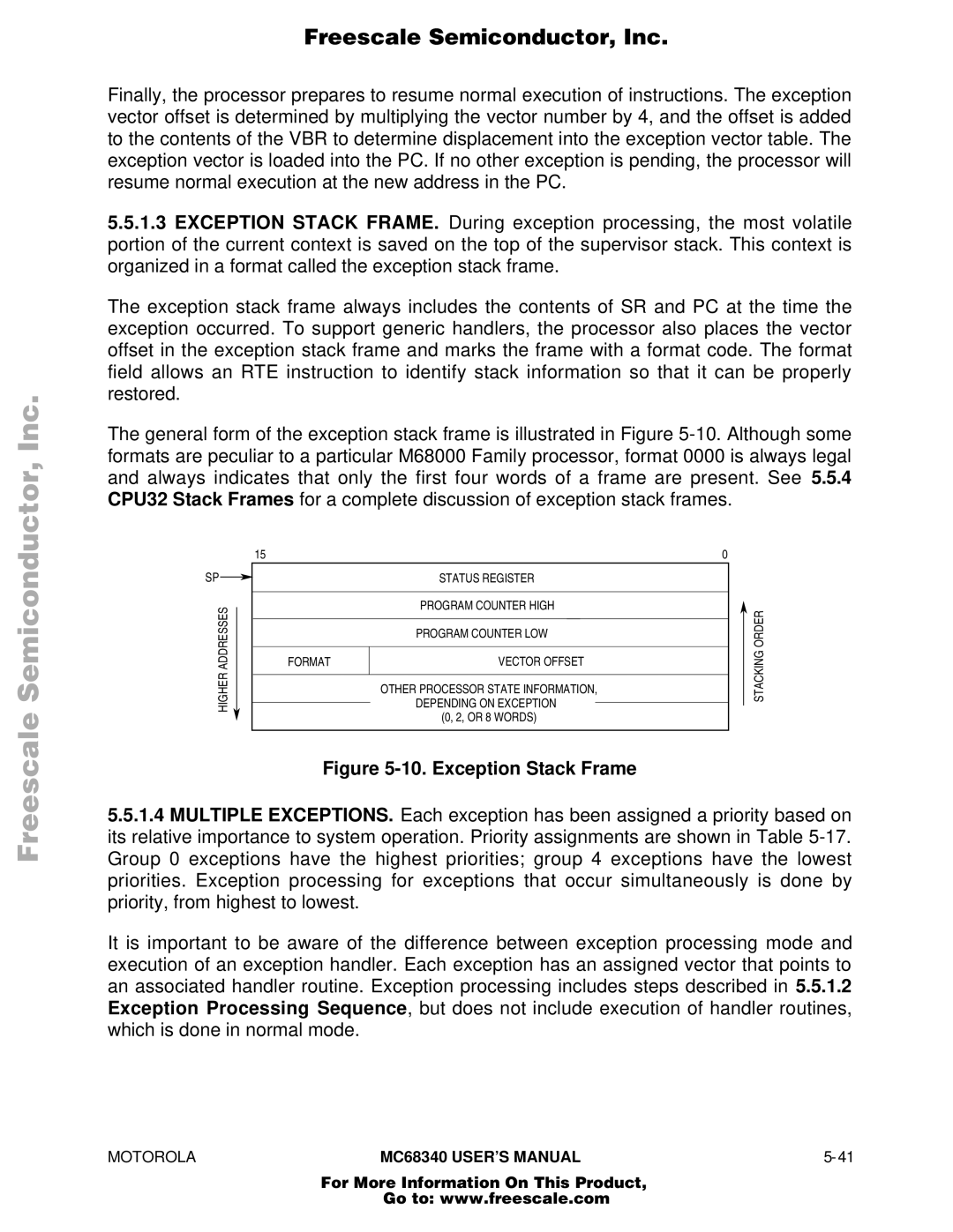 Motorola MC68340 manual Exception Stack Frame 