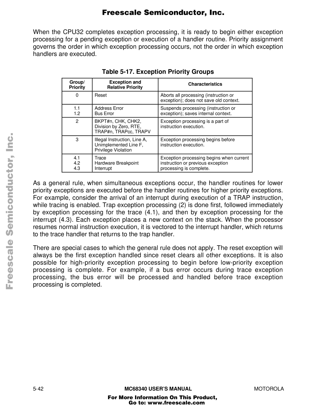 Motorola MC68340 manual Exception Priority Groups, Group Exception Priority Relative Priority Reset, Characteristics 