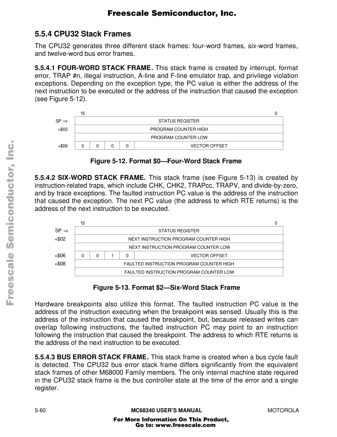 Motorola MC68340 manual Freescale Semiconductor, Inc 4 CPU32 Stack Frames, Format $0-Four-Word Stack Frame 