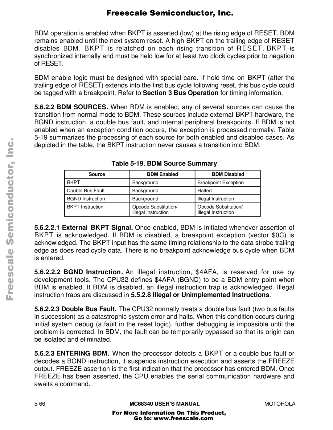 Motorola MC68340 manual BDM Source Summary, Source BDM Enabled BDM Disabled 