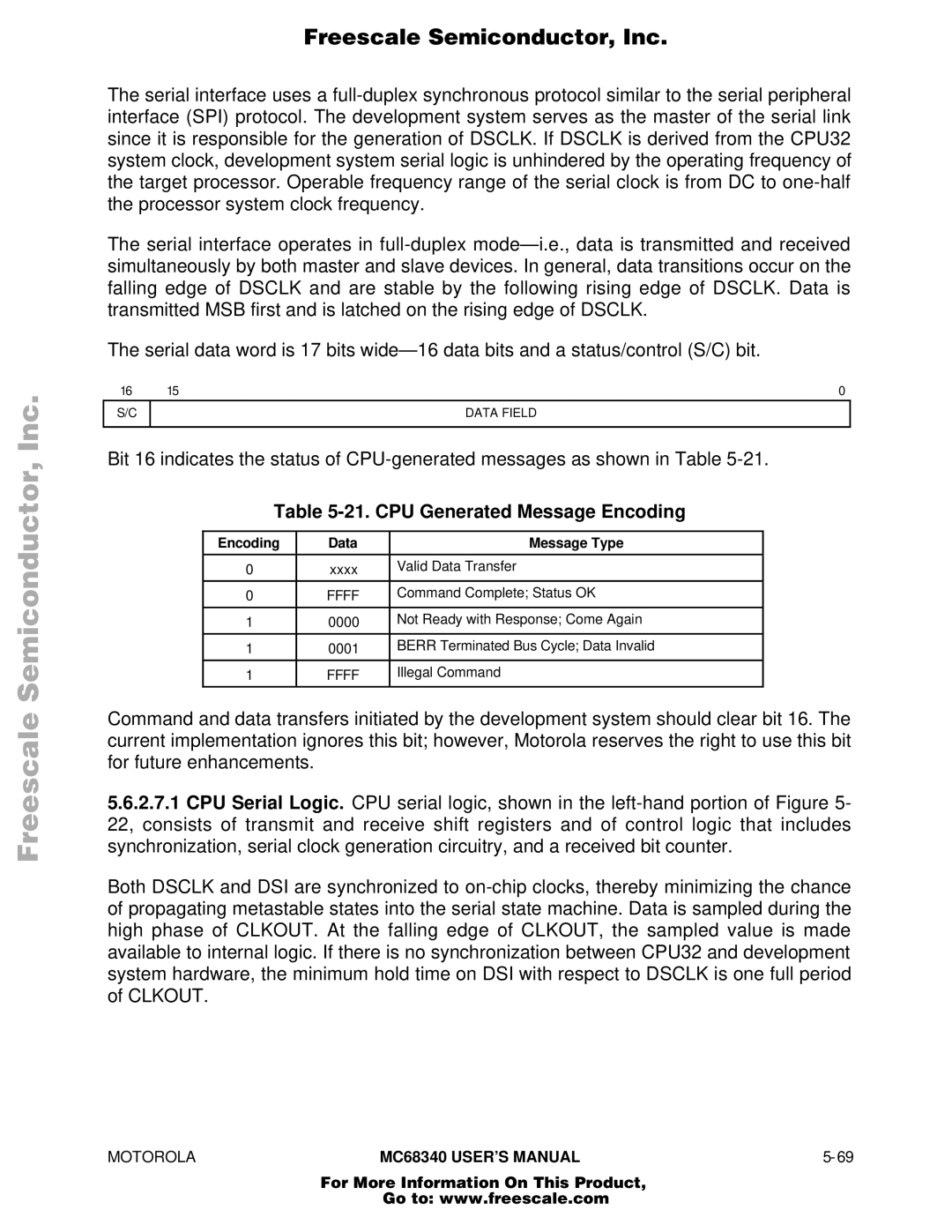 Motorola MC68340 manual CPU Generated Message Encoding, Encoding Data Message Type 