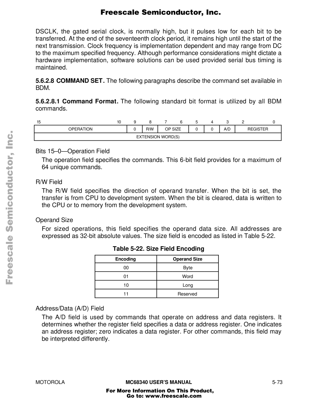 Motorola MC68340 manual Bdm, Size Field Encoding, Encoding Operand Size 