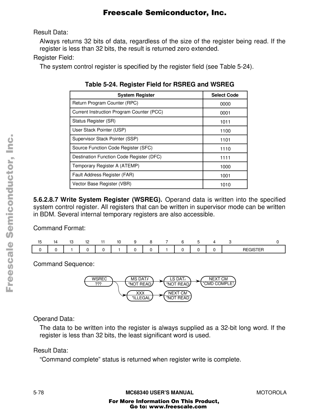 Motorola MC68340 manual Register Field for Rsreg and Wsreg, System Register Select Code 