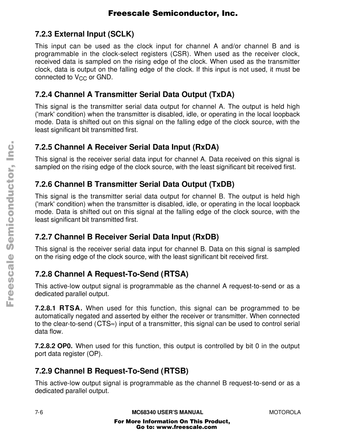 Motorola MC68340 manual Freescale Semiconductor, Inc External Input Sclk, Channel a Transmitter Serial Data Output TxDA 