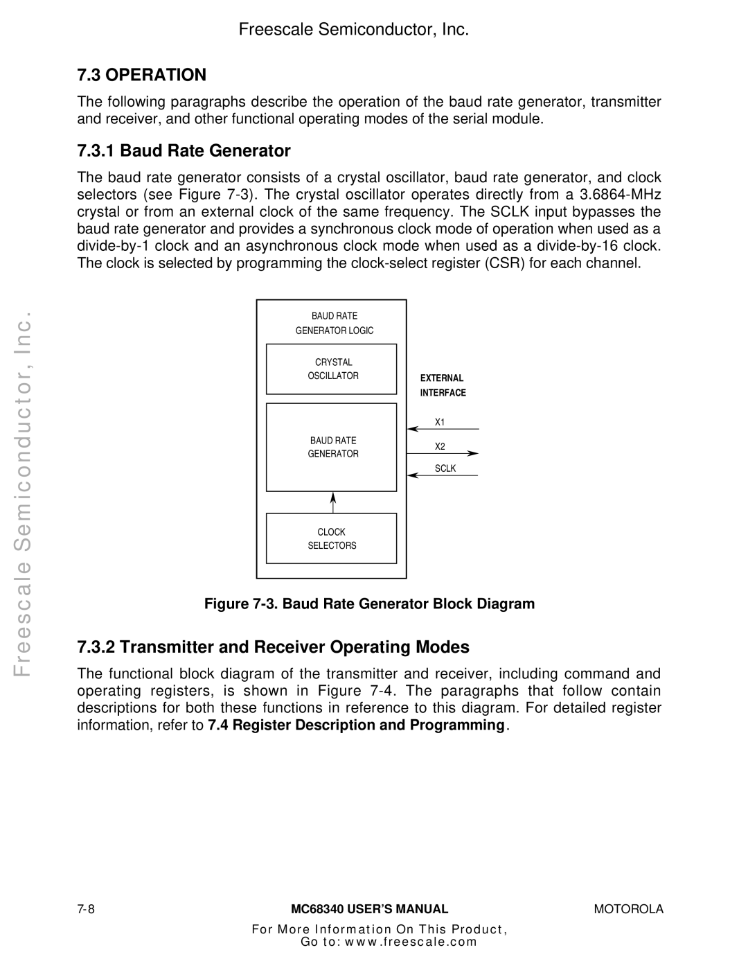 Motorola MC68340 manual Operation, Baud Rate Generator, Transmitter and Receiver Operating Modes 