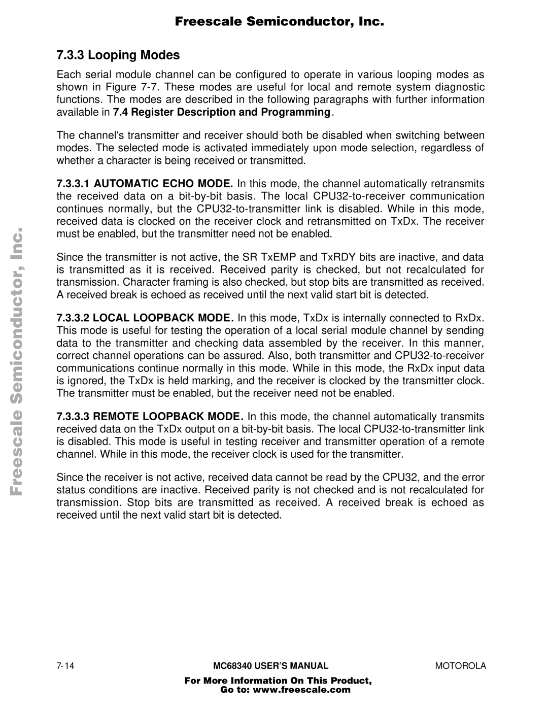 Motorola MC68340 manual Freescale Semiconductor, Inc Looping Modes 