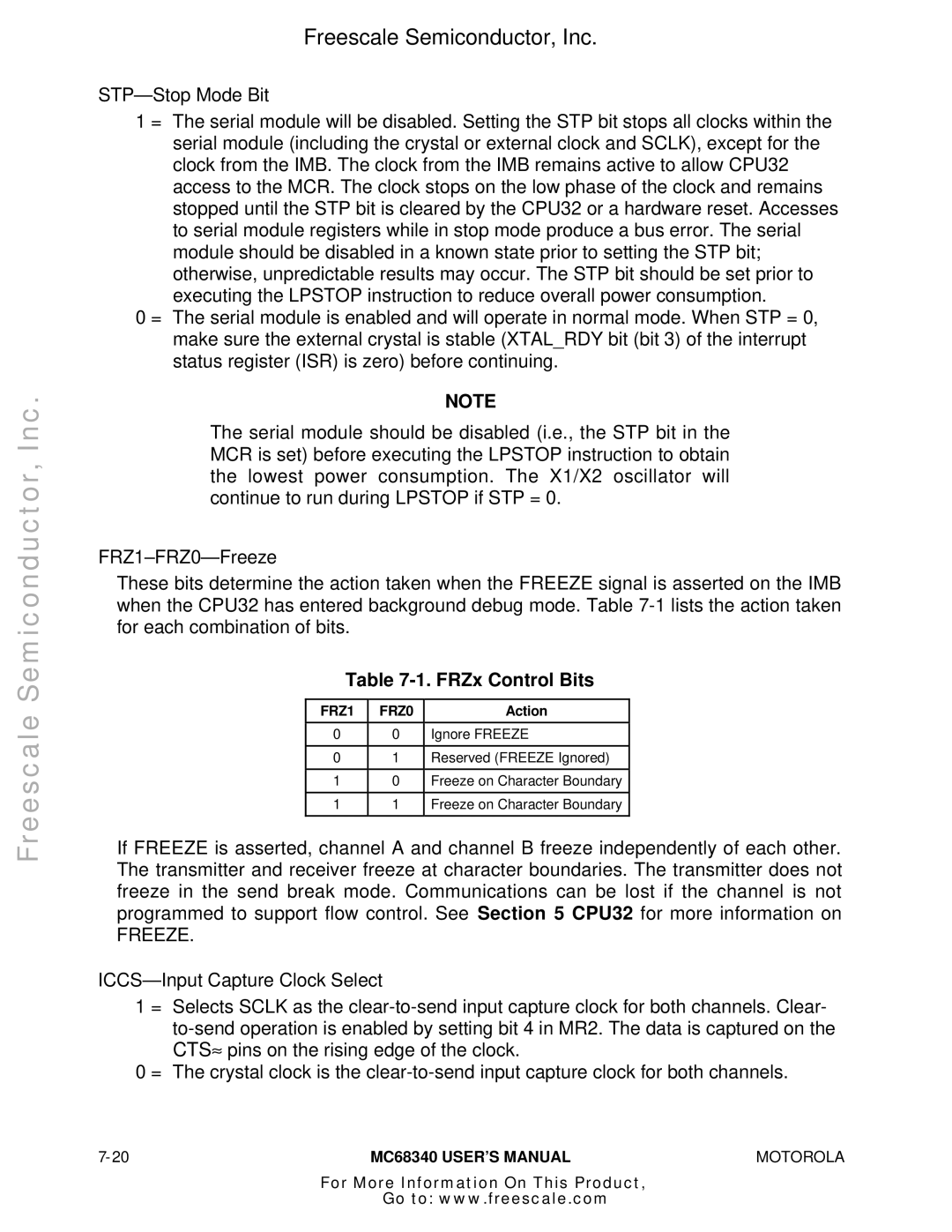 Motorola MC68340 manual FRZx Control Bits, Freeze 