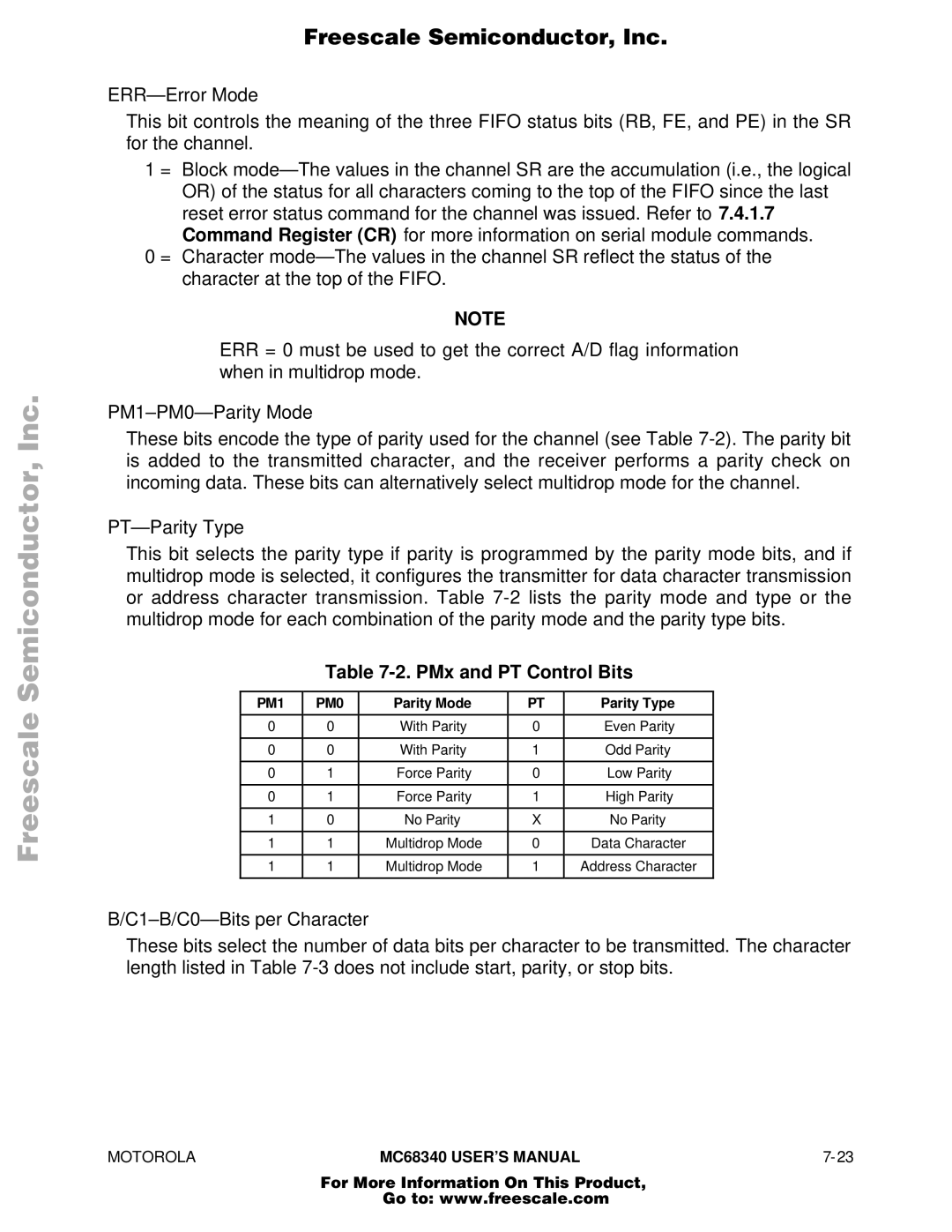 Motorola MC68340 manual PMx and PT Control Bits, Parity Mode Parity Type 