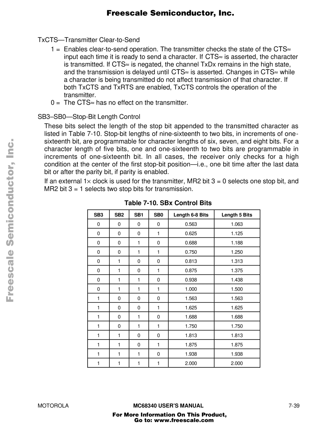 Motorola MC68340 manual SBx Control Bits, Length 6-8 Bits Length 5 Bits 