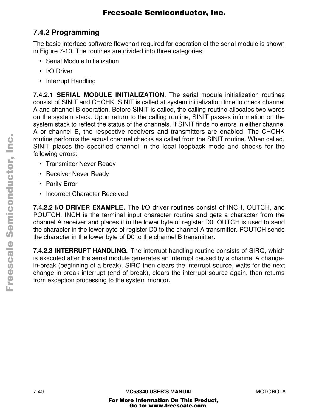 Motorola MC68340 manual Freescale Semiconductor, Inc Programming 