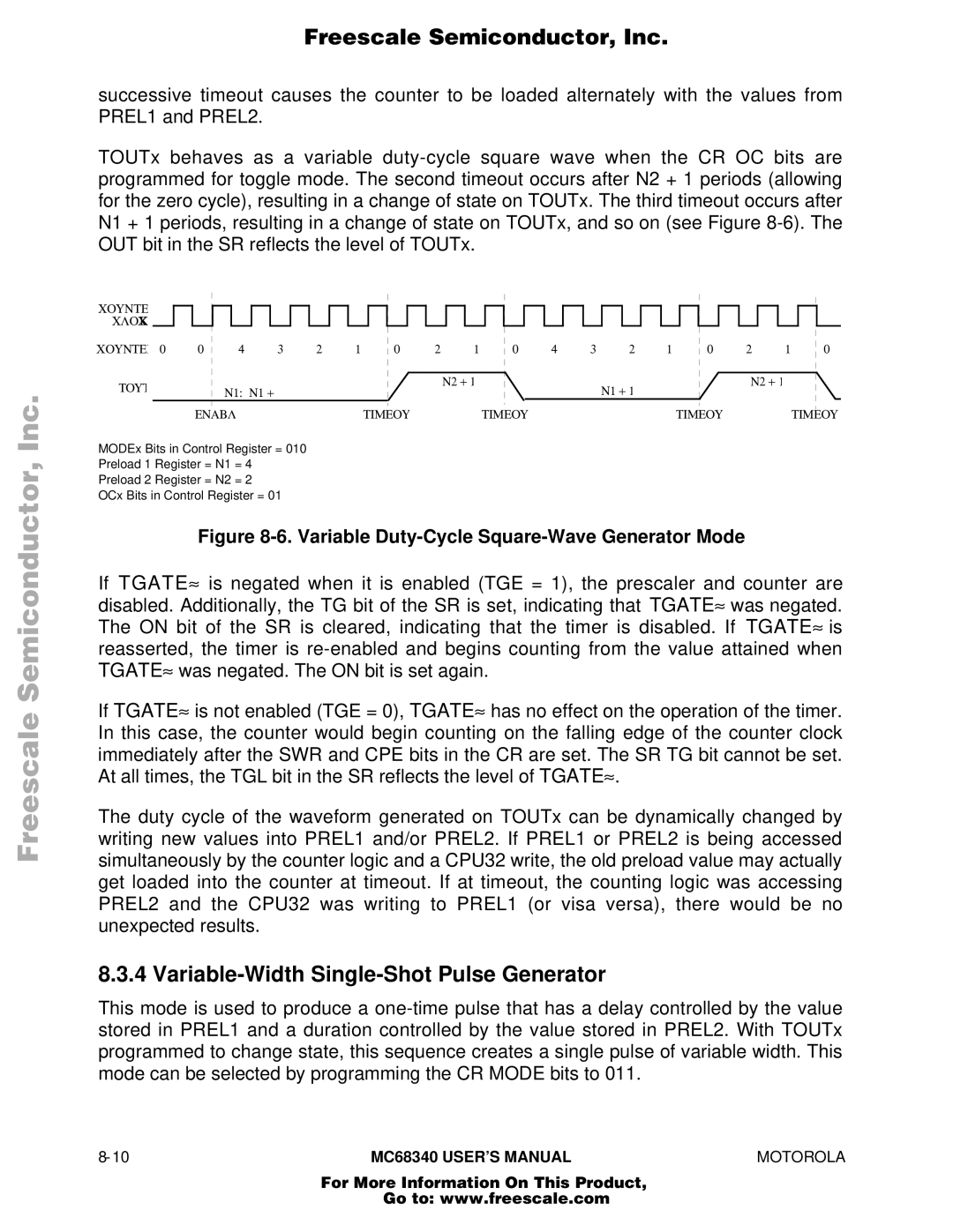 Motorola MC68340 manual Variable-Width Single-Shot Pulse Generator, Variable Duty-Cycle Square-Wave Generator Mode 