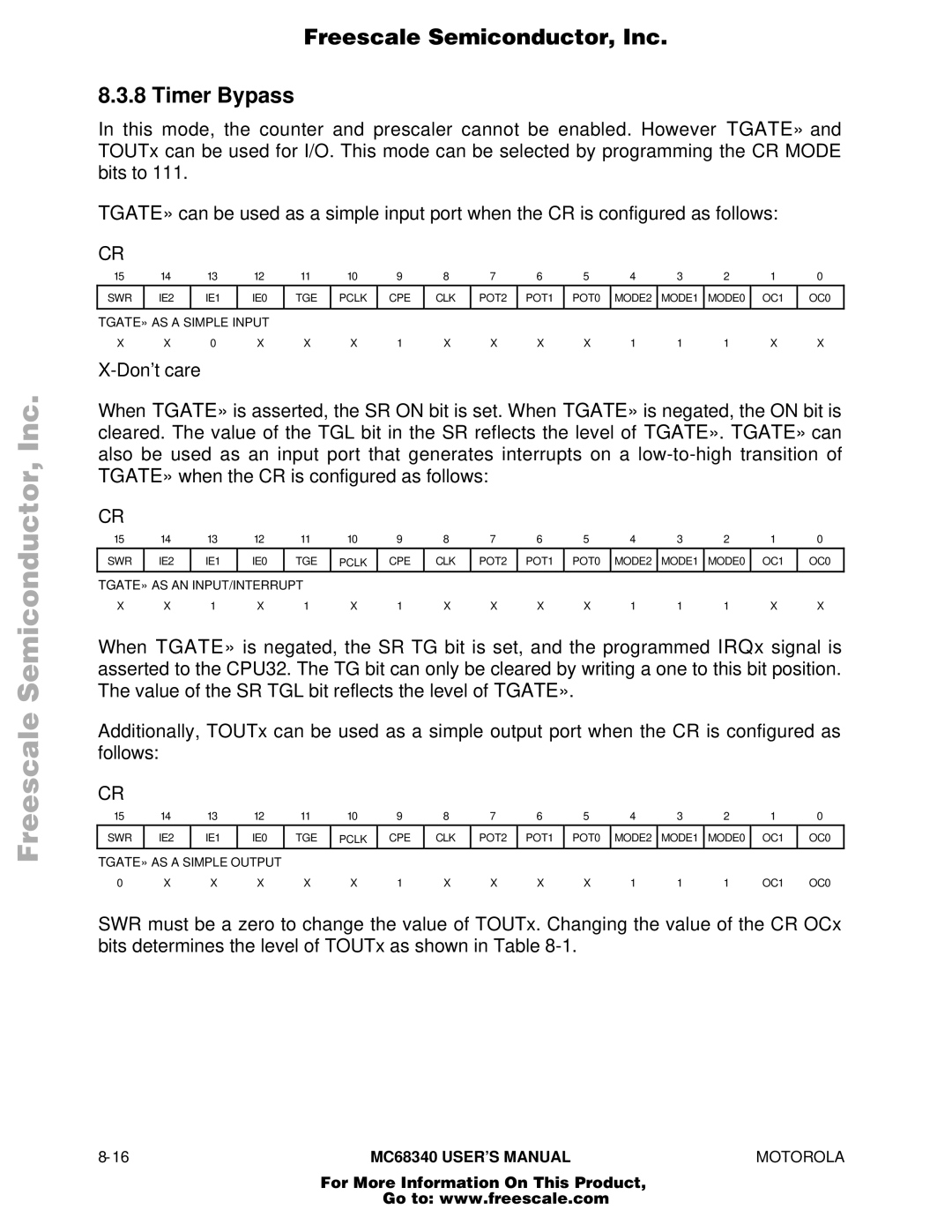 Motorola MC68340 manual Freescale Semiconductor, Inc Timer Bypass 