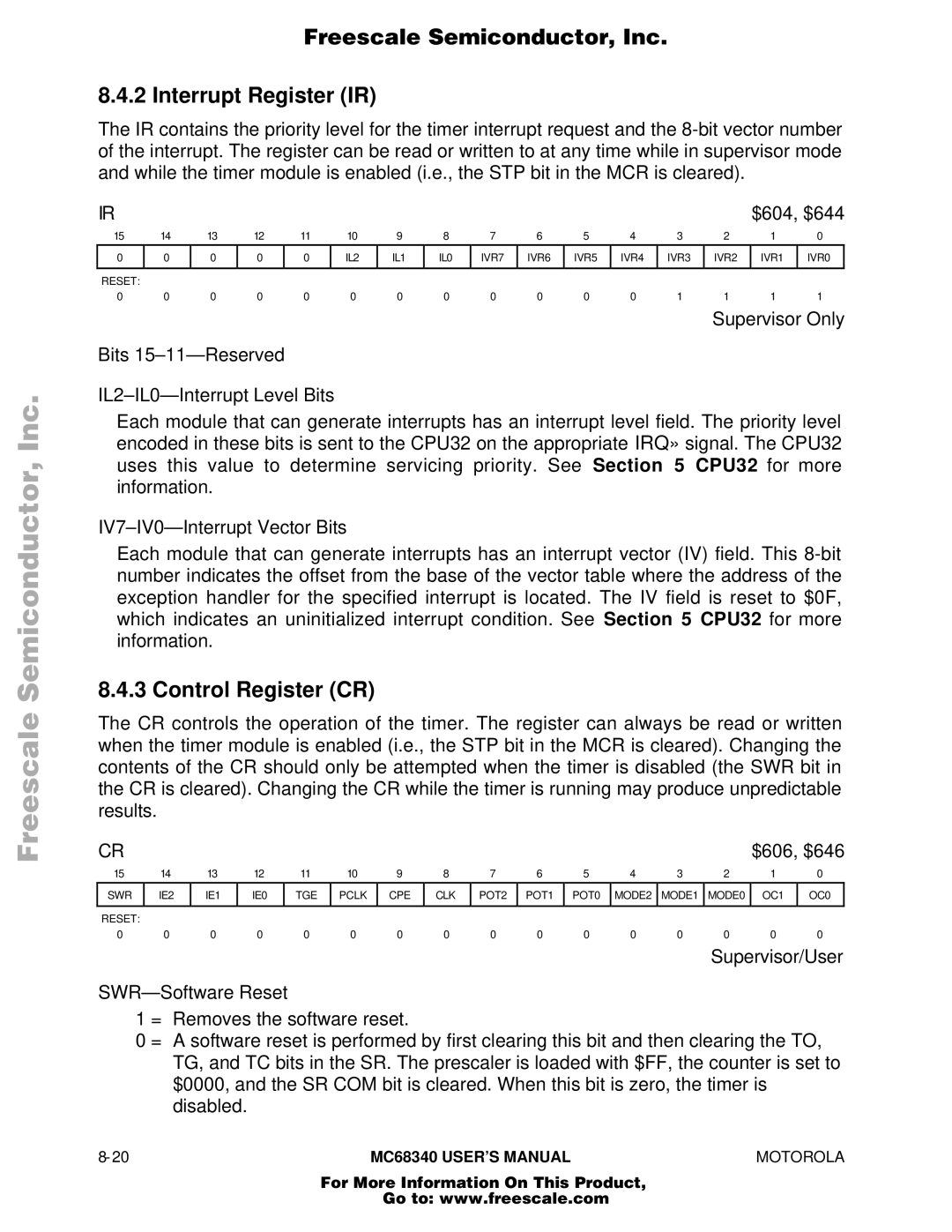 Motorola MC68340 manual Freescale Semiconductor, Inc Interrupt Register IR, Control Register CR 