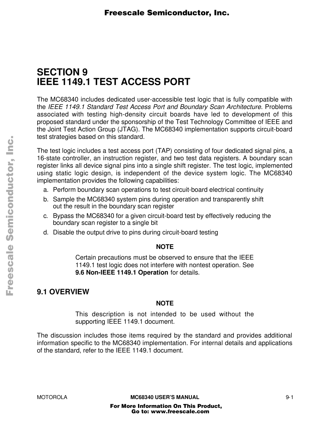 Motorola MC68340 manual Section Ieee 1149.1 Test Access Port, Non-IEEE 1149.1 Operation for details 