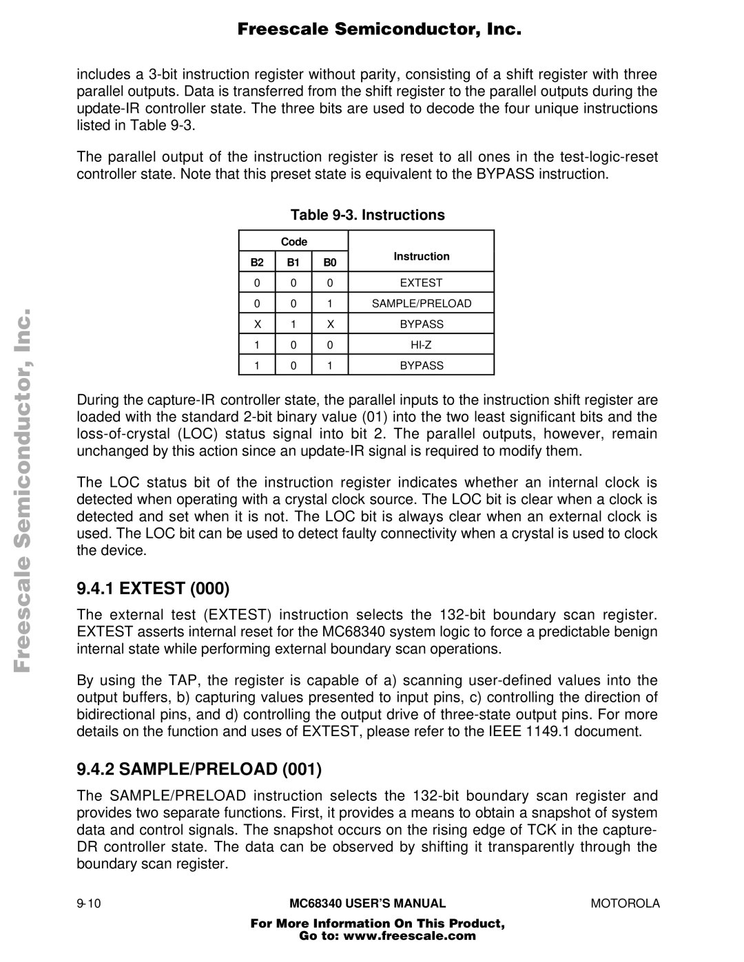 Motorola MC68340 manual Extest, Sample/Preload, Code Instruction 