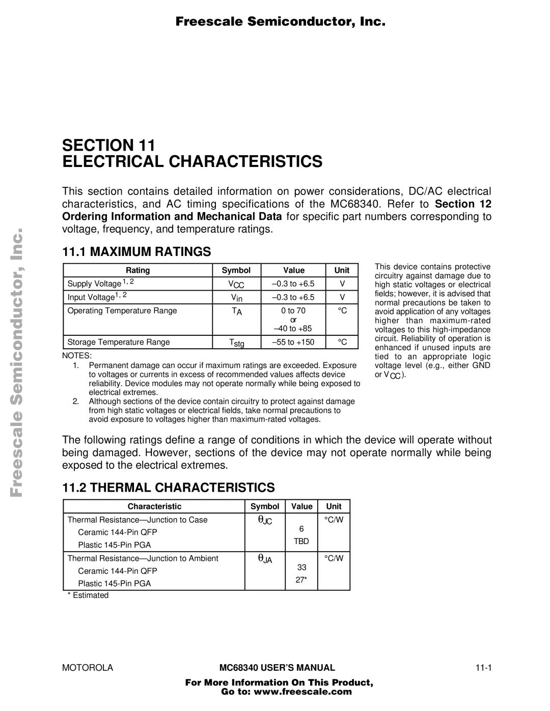 Motorola MC68340 Maximum Ratings, Thermal Characteristics, Rating Symbol Value Unit, Characteristic Symbol Value Unit 