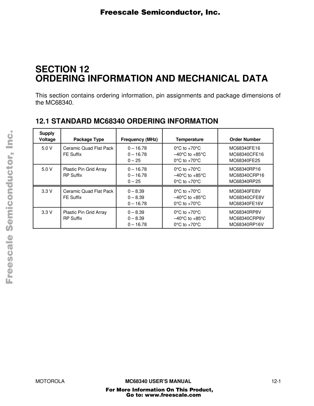 Motorola manual Section Ordering Information and Mechanical Data, Standard MC68340 Ordering Information 