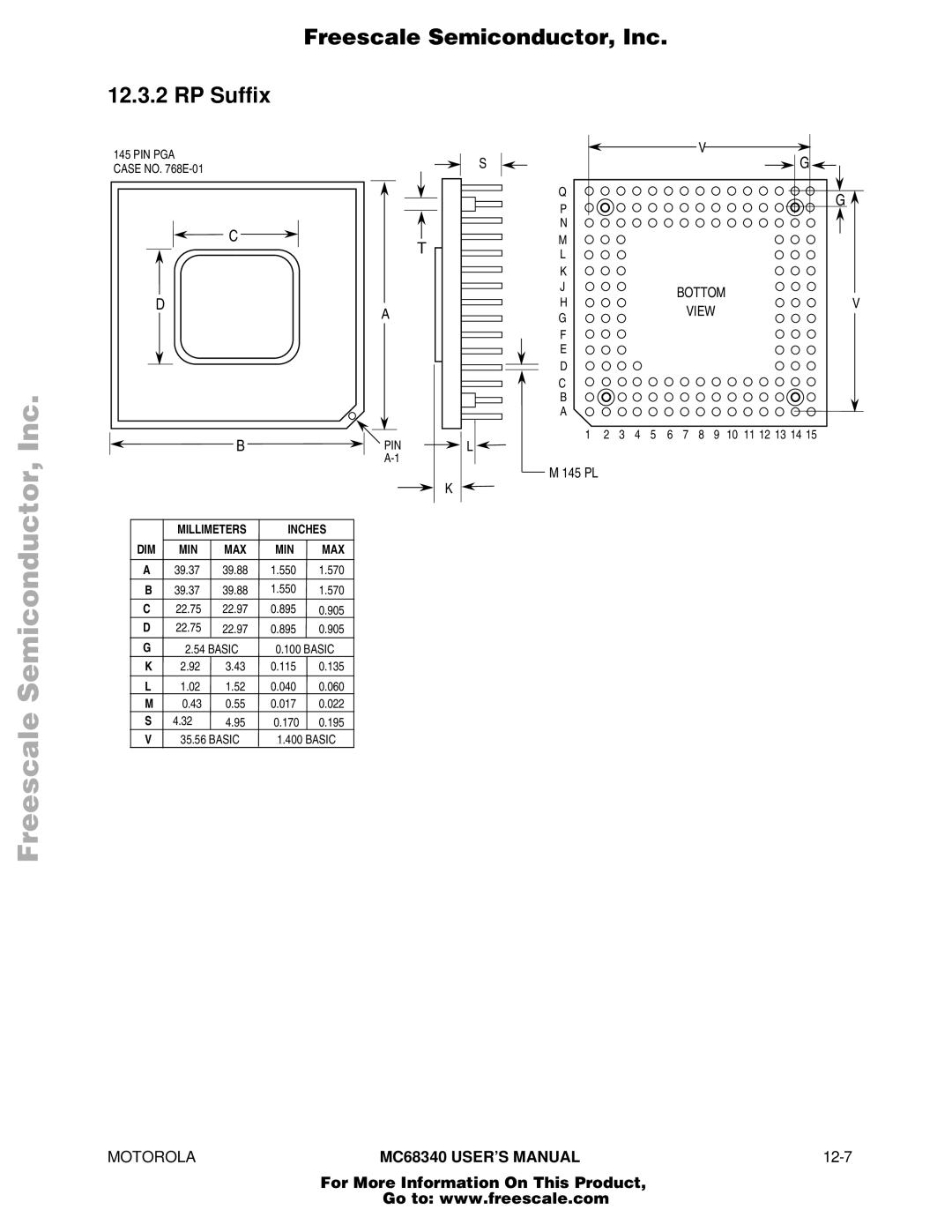 Motorola MC68340 manual Freescale Semiconductor, Inc RP Suffix, Dim Min Max 