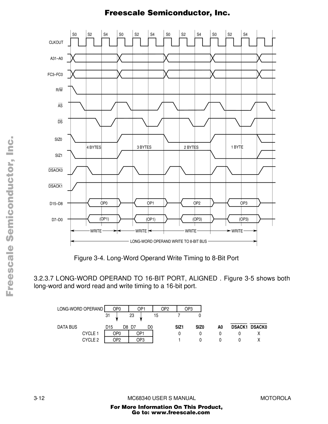 Motorola MC68340 manual Long-Word Operand Write Timing to 8-Bit Port 