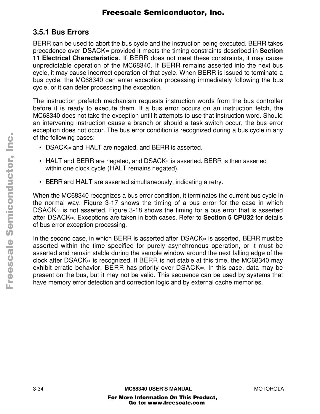 Motorola MC68340 manual Freescale Semiconductor, Inc Bus Errors 