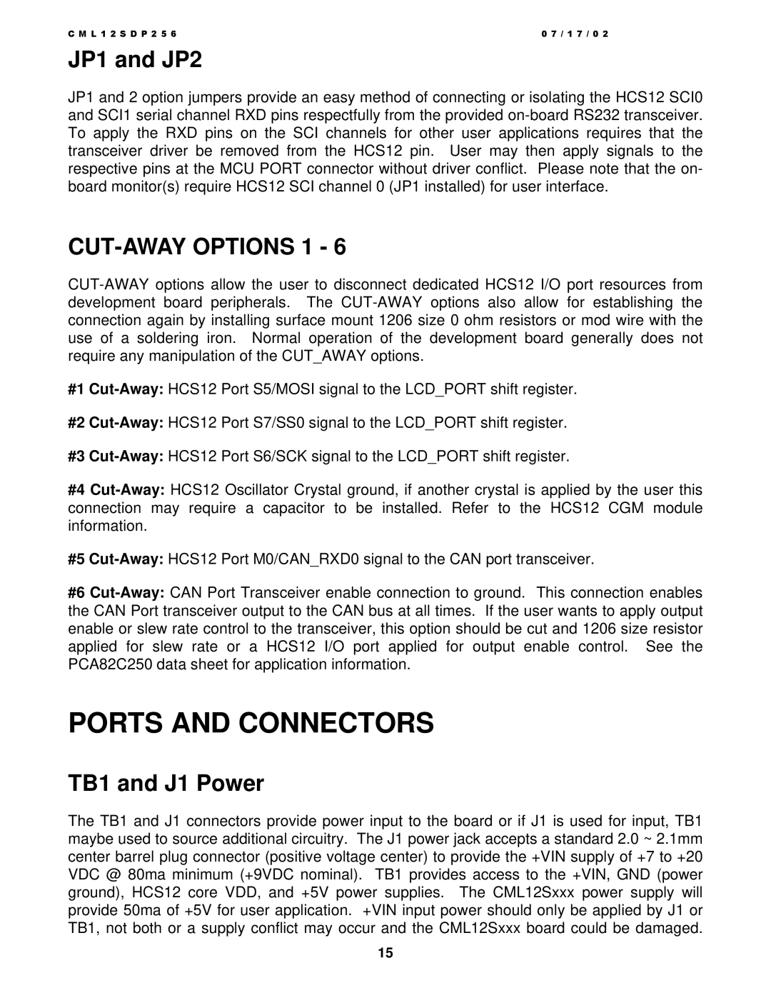 Motorola CML12S-DP256, MC9S12DP256 manual Ports and Connectors, JP1 and JP2, CUT-AWAY Options 1, TB1 and J1 Power 