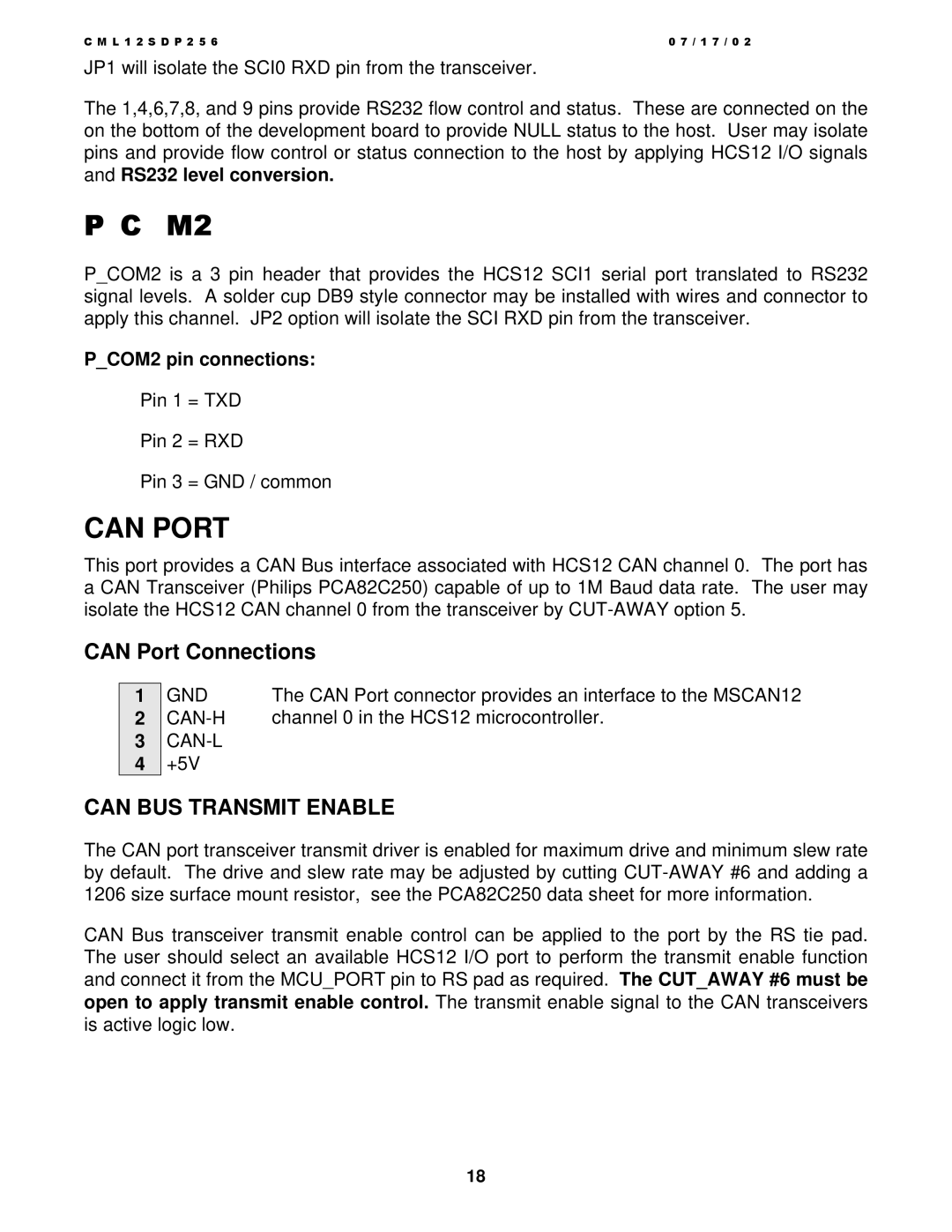 Motorola MC9S12DP256, CML12S-DP256 manual Can Port, PCOM2 pin connections, Can-H, Can-L 