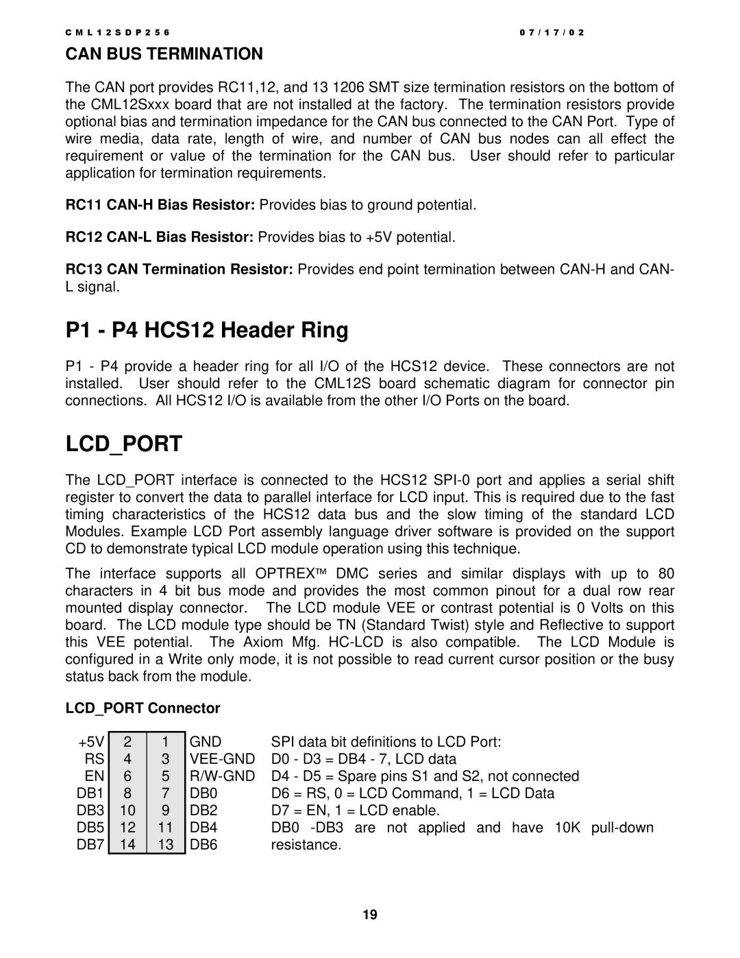 Motorola CML12S-DP256, MC9S12DP256 manual P1 P4 HCS12 Header Ring, Lcdport Connector 