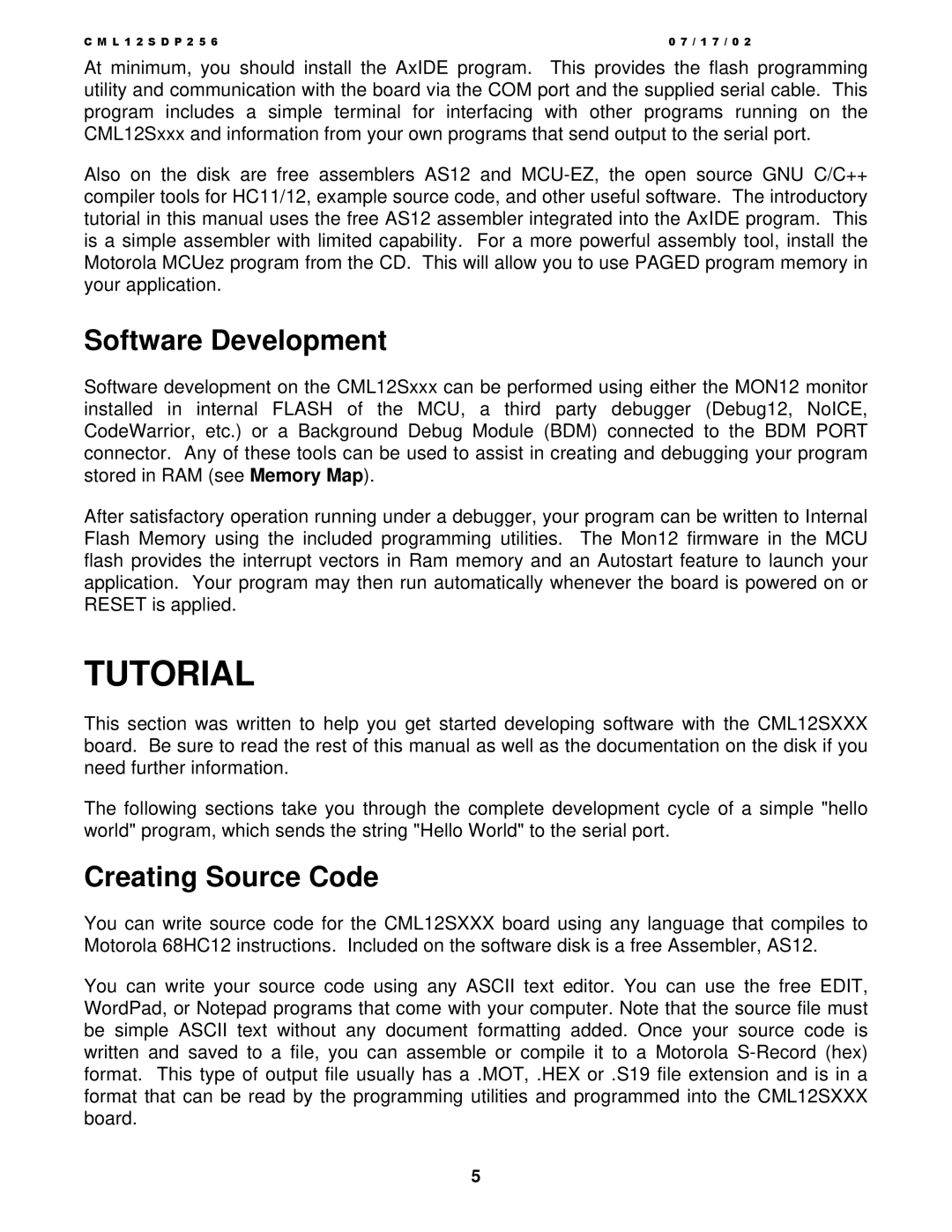 Motorola CML12S-DP256, MC9S12DP256 manual Tutorial, Software Development, Creating Source Code 