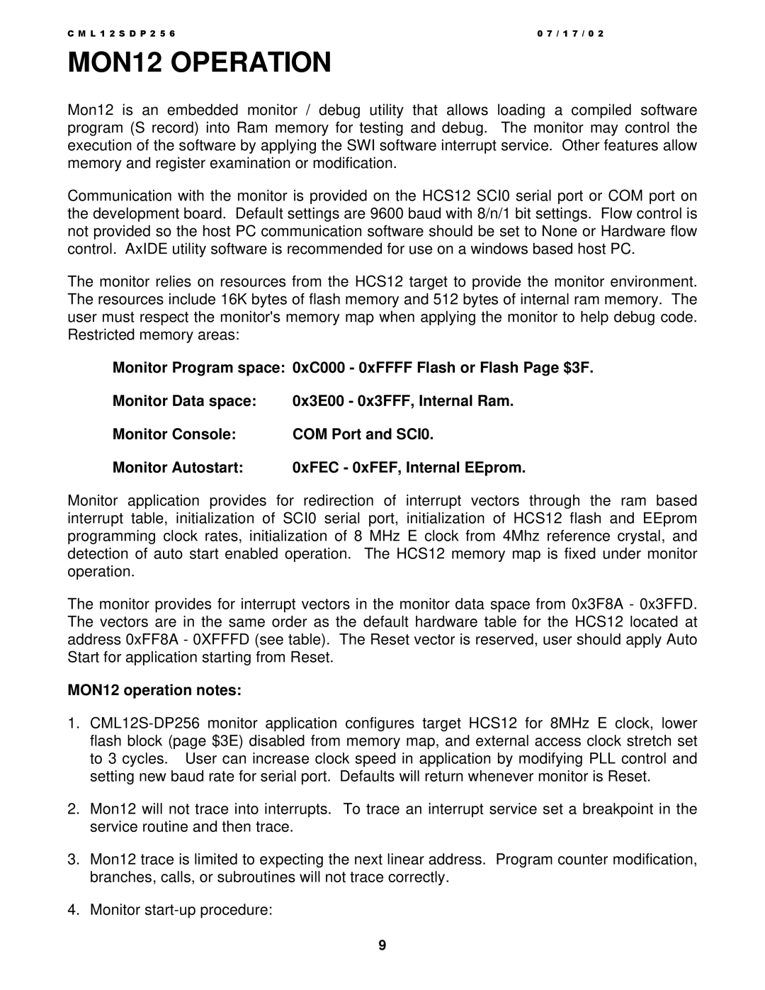 Motorola CML12S-DP256, MC9S12DP256 manual MON12 Operation, MON12 operation notes 