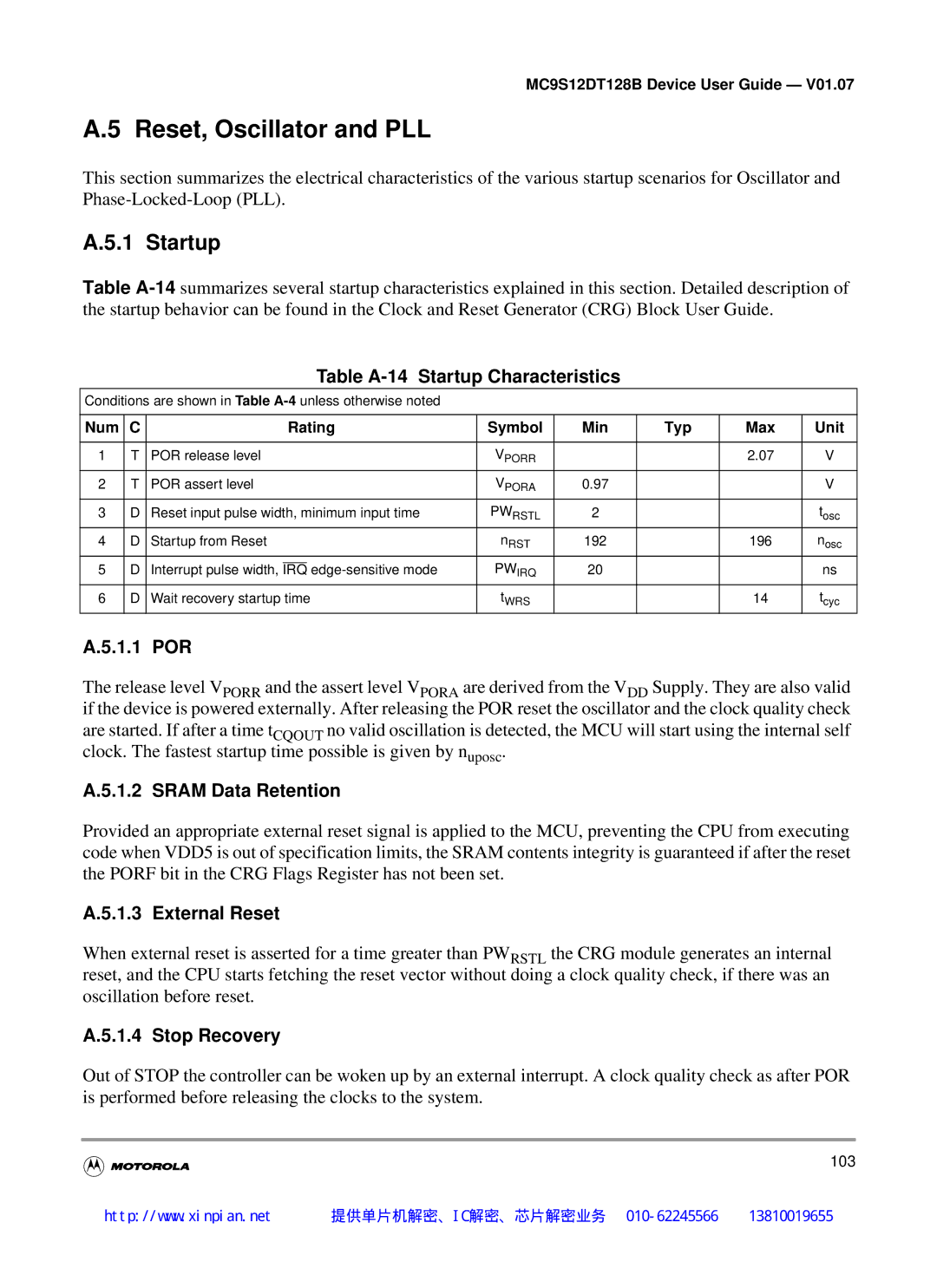 Motorola MC9S12DG128B, MC9S12DT128B, MC9S12DB128B, MC9S12DJ128B manual Reset, Oscillator and PLL, Startup 