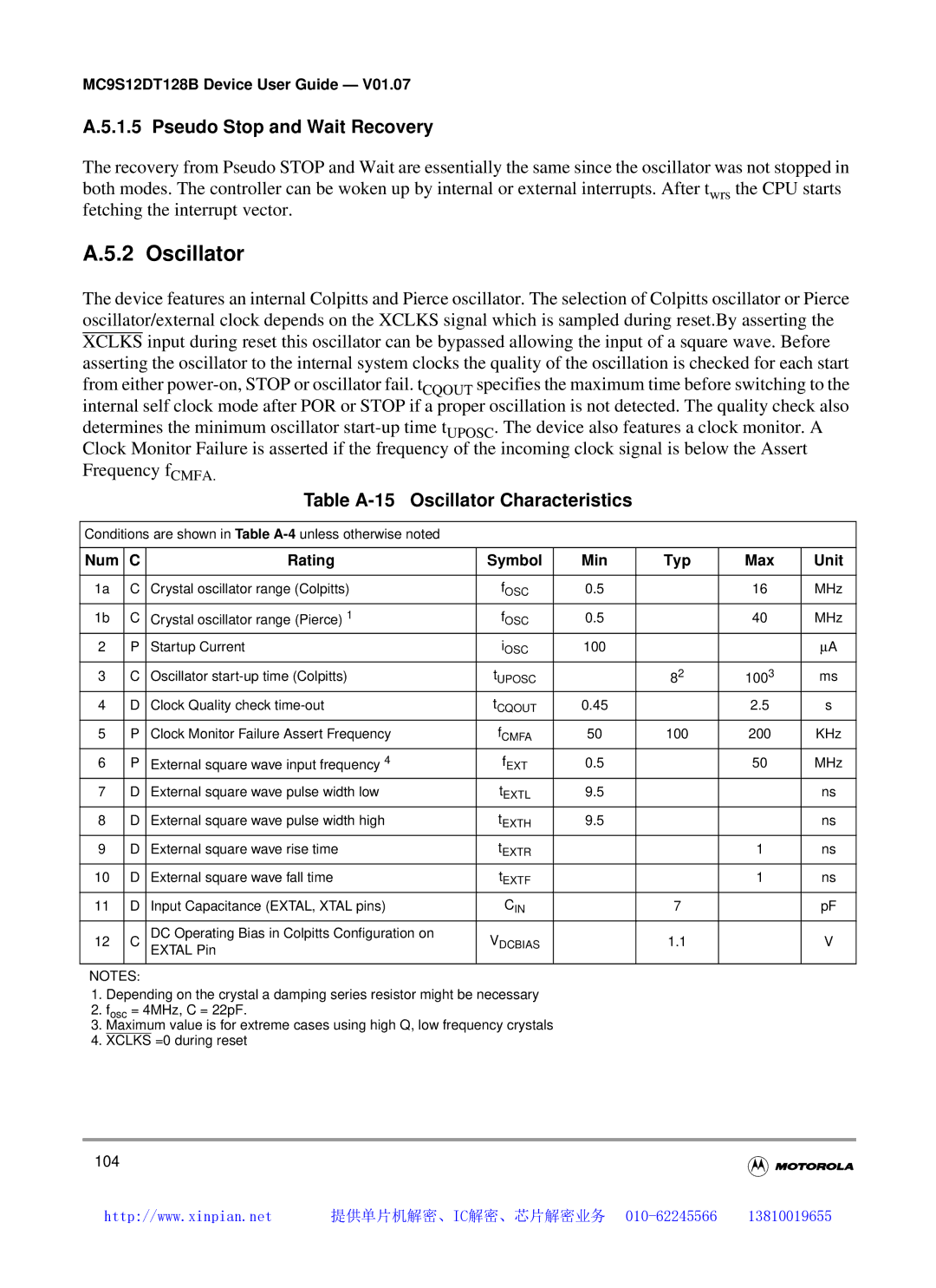 Motorola MC9S12DT128B, MC9S12DB128B, MC9S12DJ128B Pseudo Stop and Wait Recovery, Table A-15 Oscillator Characteristics 