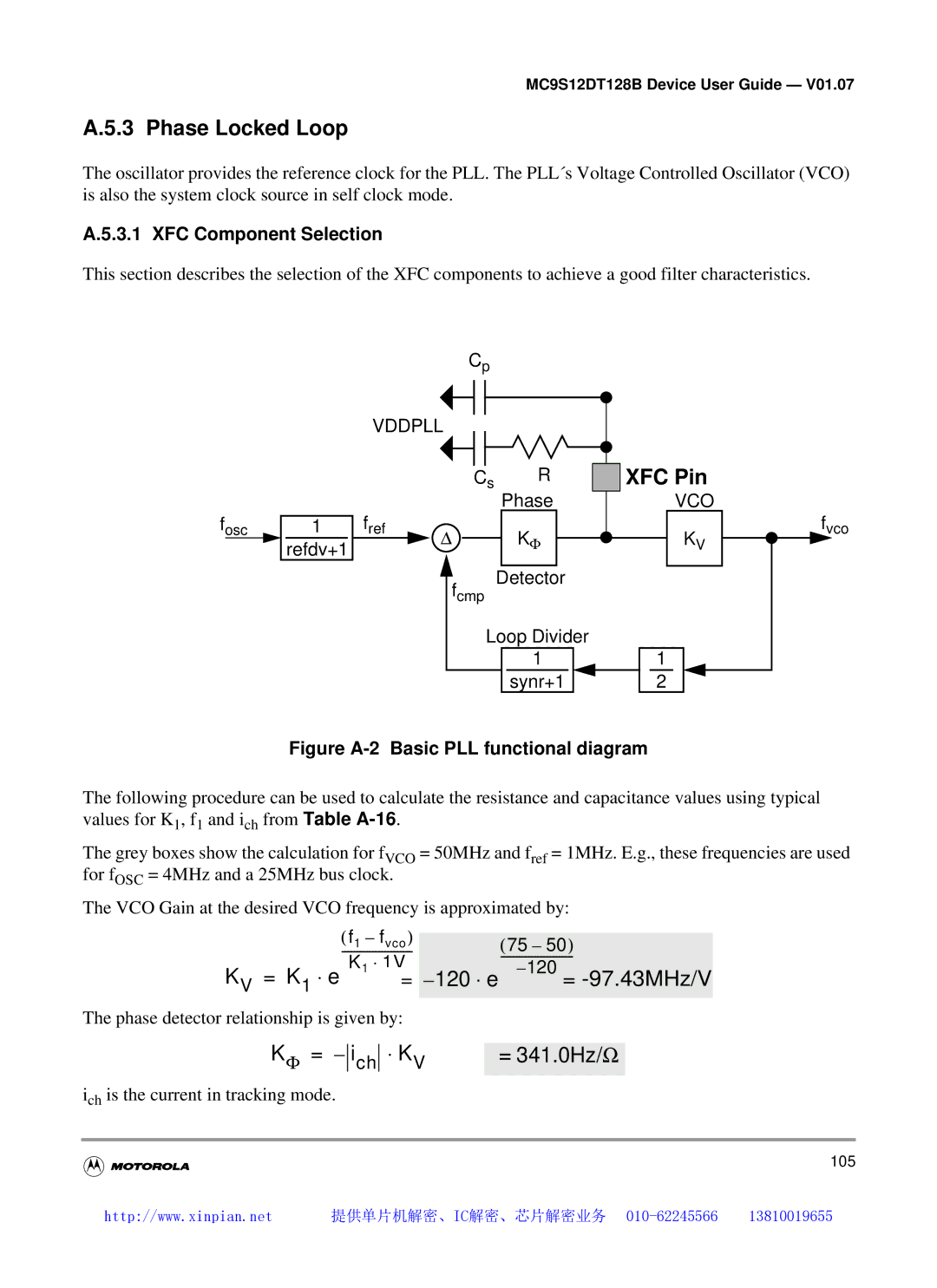 Motorola MC9S12DB128B, MC9S12DT128B, MC9S12DJ128B, MC9S12DG128B manual Phase Locked Loop, XFC Pin, XFC Component Selection 