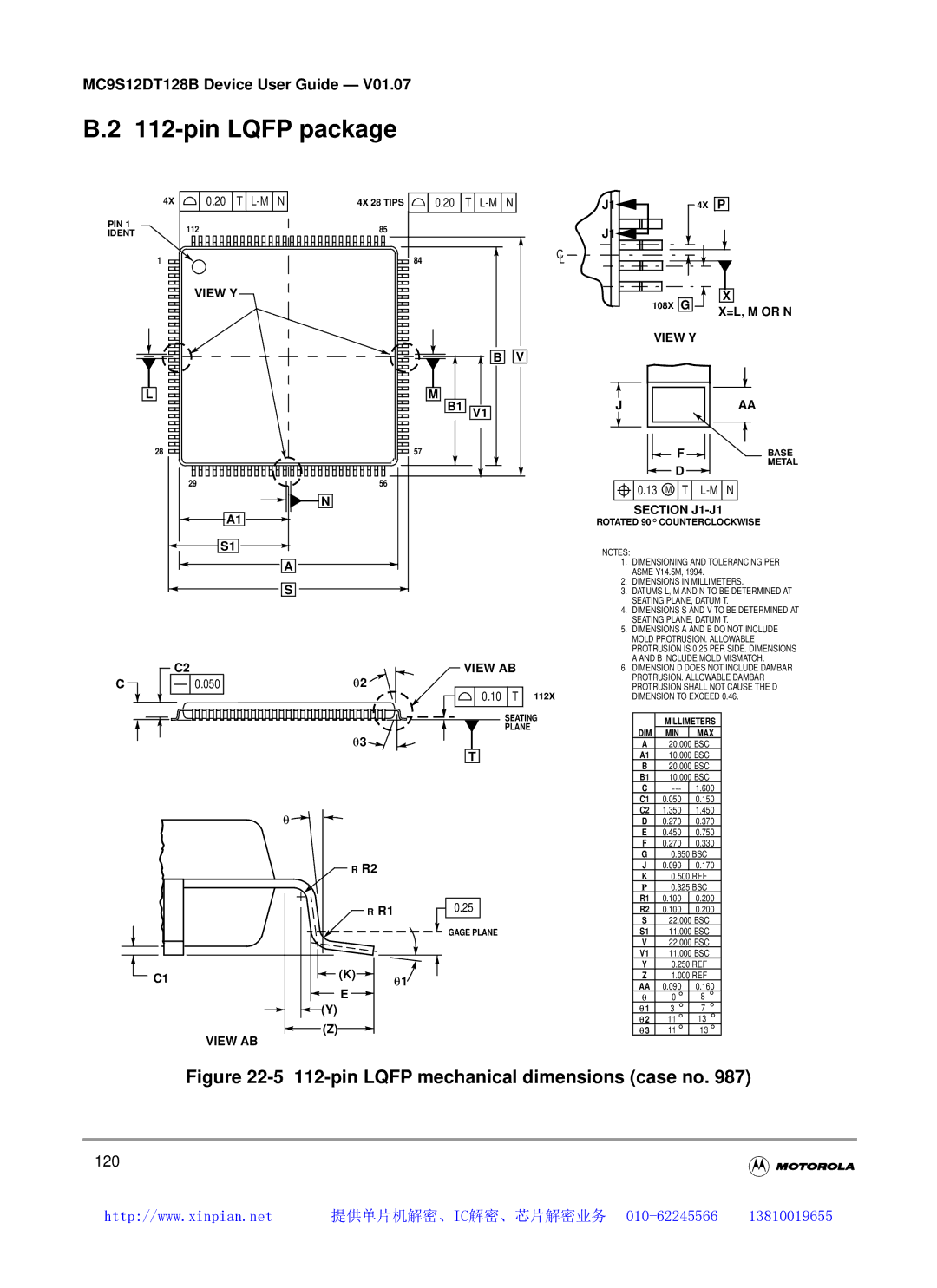 Motorola MC9S12DT128B, MC9S12DB128B, MC9S12DJ128B, MC9S12DG128B pin Lqfp package, pin Lqfp mechanical dimensions case no 