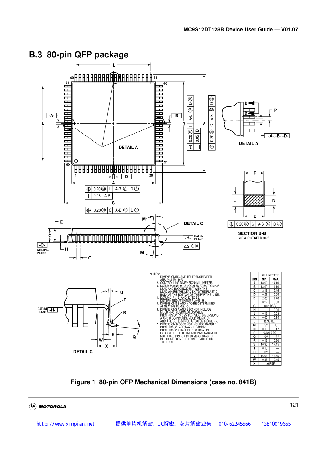 Motorola MC9S12DB128B, MC9S12DT128B, MC9S12DJ128B, MC9S12DG128B pin QFP package, pin QFP Mechanical Dimensions case no B 