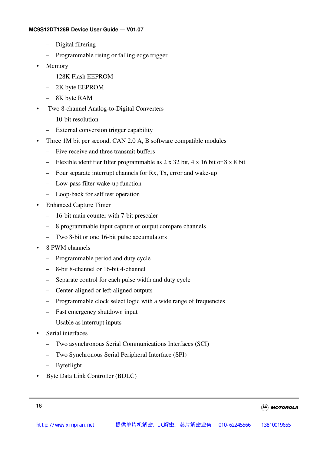 Motorola MC9S12DB128B, MC9S12DJ128B, MC9S12DG128B manual MC9S12DT128B Device User Guide 