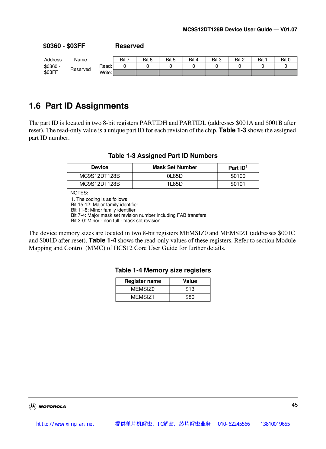 Motorola MC9S12DB128B manual Part ID Assignments, $0360 $03FFReserved, Assigned Part ID Numbers, Memory size registers 