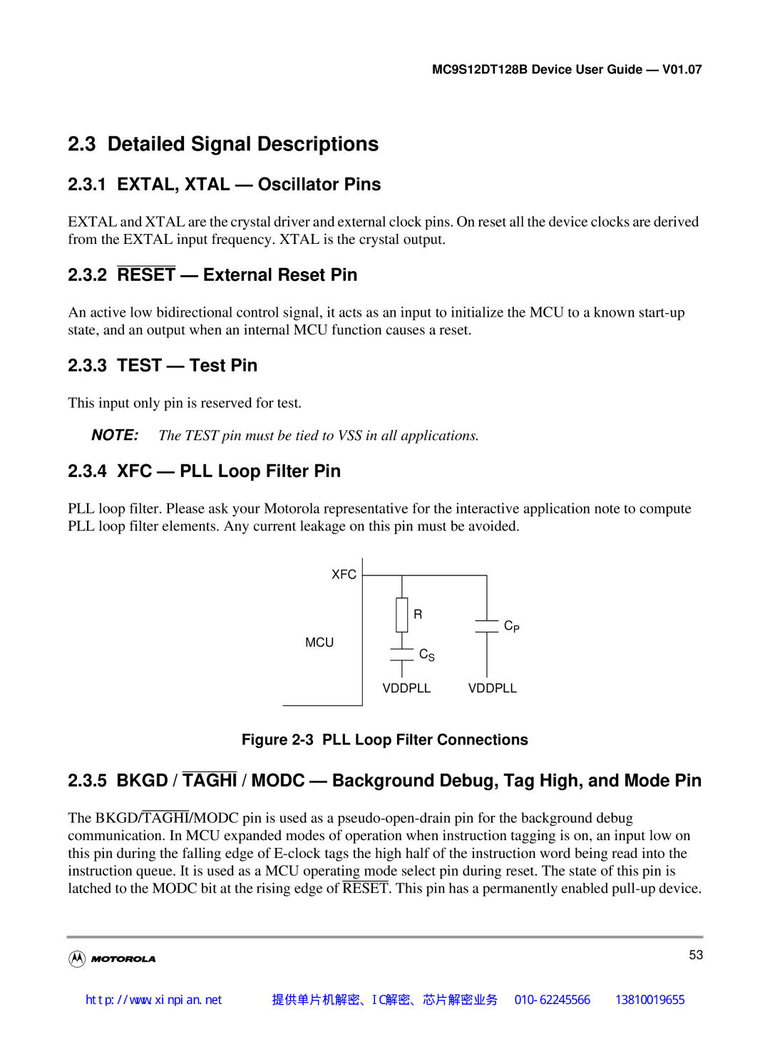 Motorola MC9S12DB128B Detailed Signal Descriptions, EXTAL, Xtal Oscillator Pins, Reset External Reset Pin, Test Test Pin 