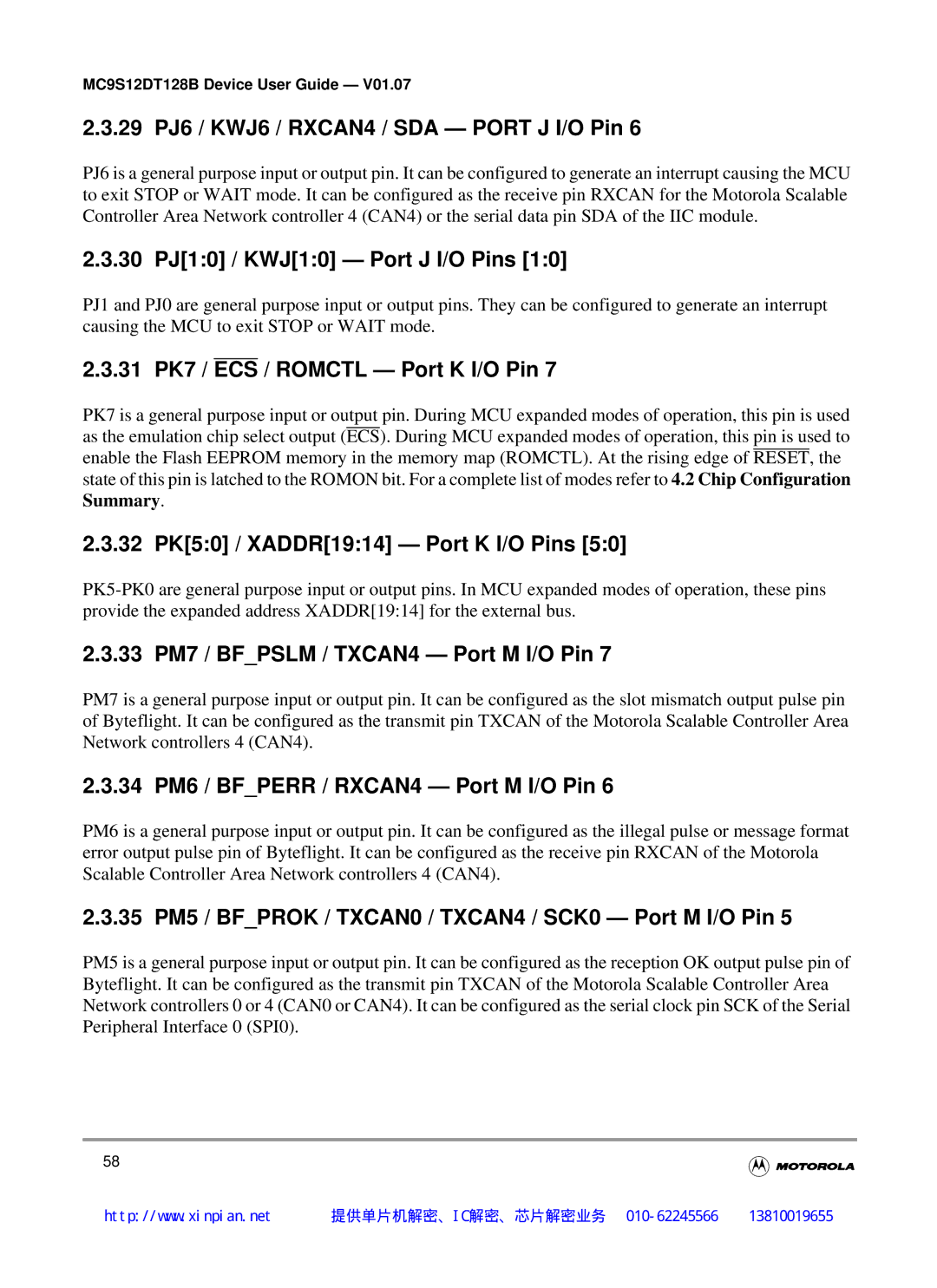 Motorola MC9S12DJ128B, MC9S12DT128B manual 29 PJ6 / KWJ6 / RXCAN4 / SDA Port J I/O Pin, 30 PJ10 / KWJ10 Port J I/O Pins 